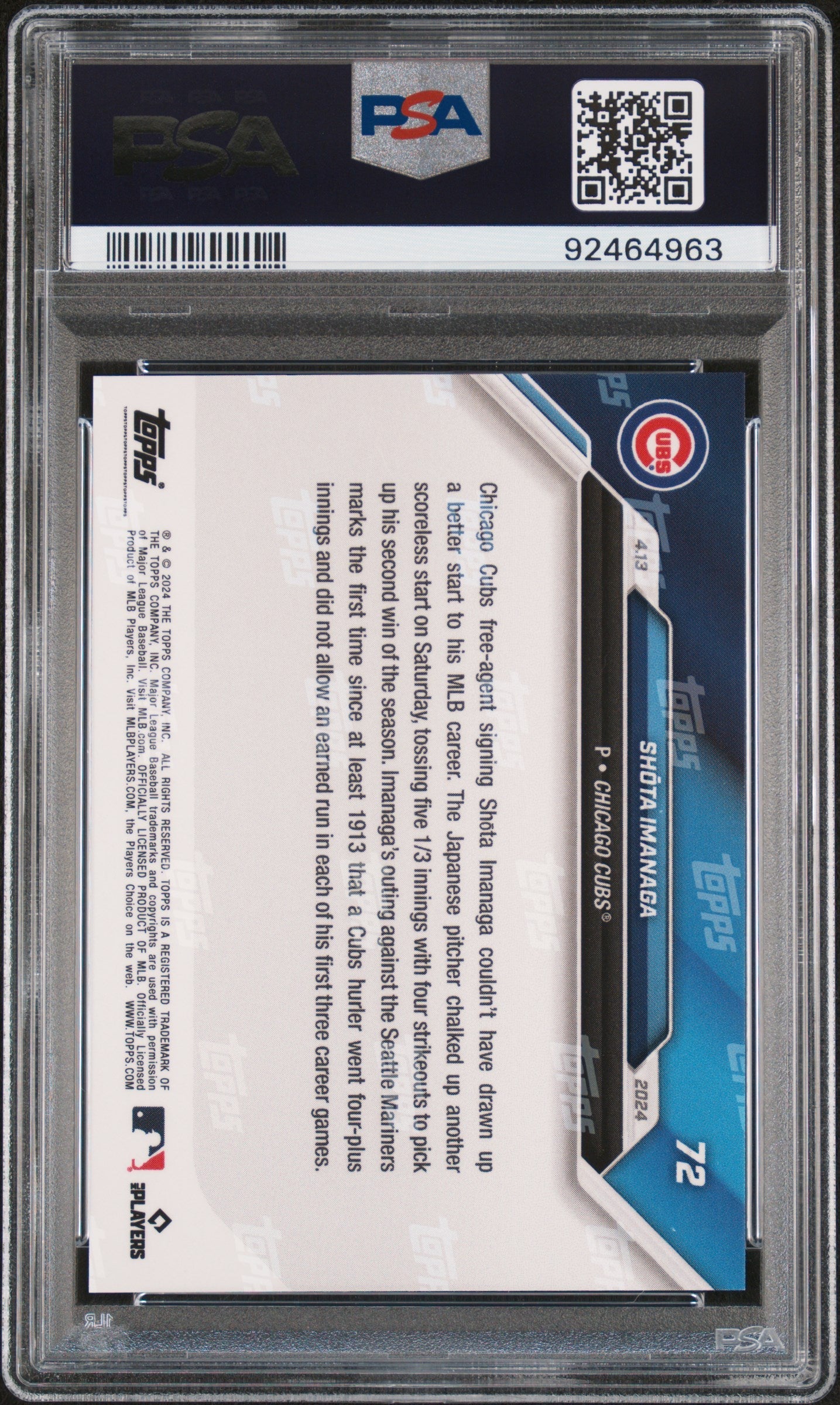Graded 2024 Topps Now Shota Imanaga #72 Rookie RC Baseball Card PSA 10 Gem Mint
