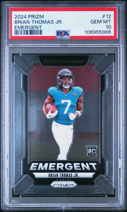 Graded 2024 Panini Prizm Brian Thomas Jr #12 Emergent Rookie RC Football Card PSA 10 Gem Mint - Sport Cards