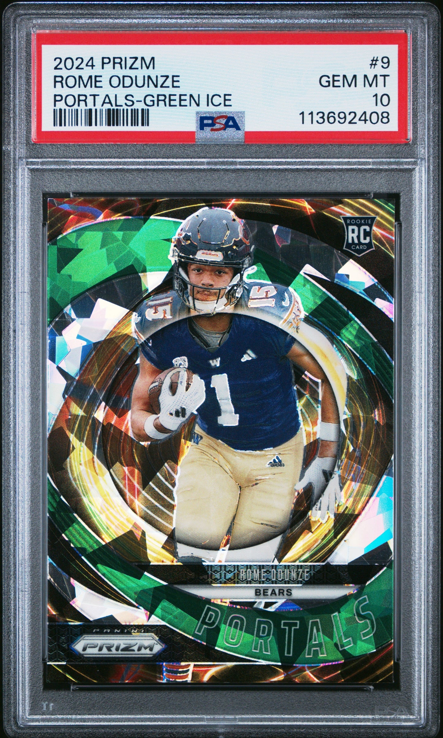 Graded 2024 Panini Prizm Rome Odunze #9 Portals Green Ice Rookie RC Football Card PSA 10 Gem Mint - Sport Cards
