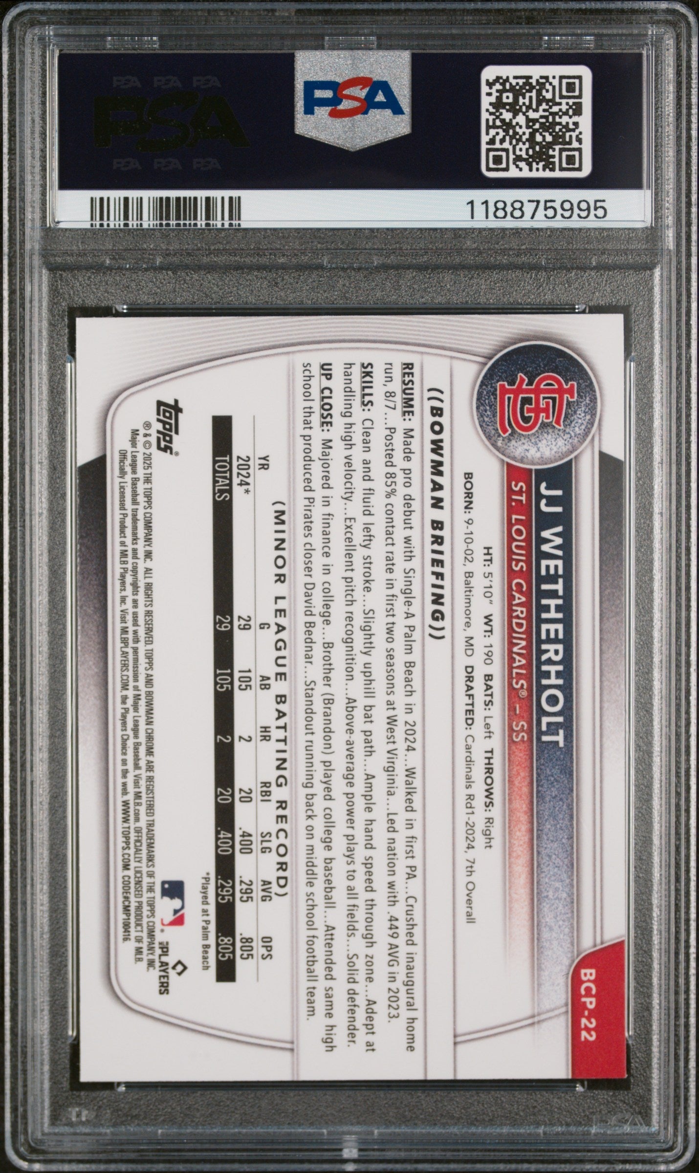 Graded 2025 Topps Bowman JJ Wetherholt #BCP22 Chrome Prospects Reptilian Refractor Rookie RC Baseball Card PSA 10 Gem Mint