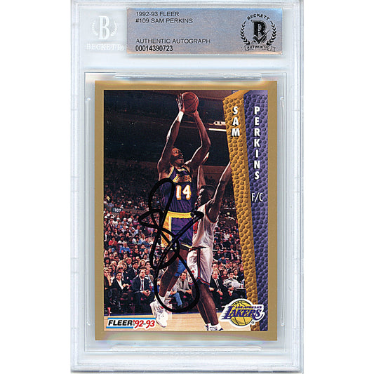Sam Perkins Signed Los Angeles Lakers 1992-1993 Fleer Basketball Card Beckett Slab
