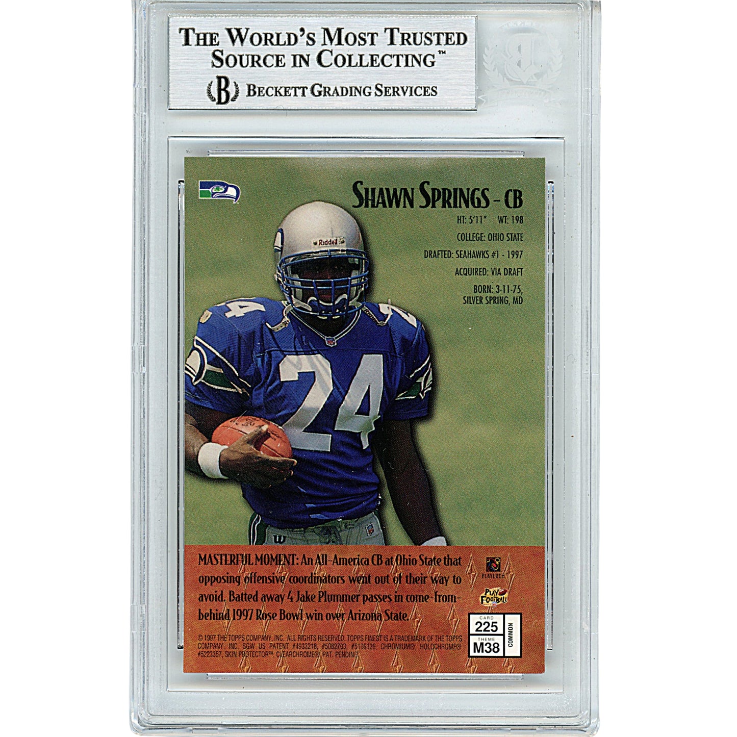 Shawn Springs Signed Seattle Seahawks 1997 Topps Finest Football Card Beckett Slab