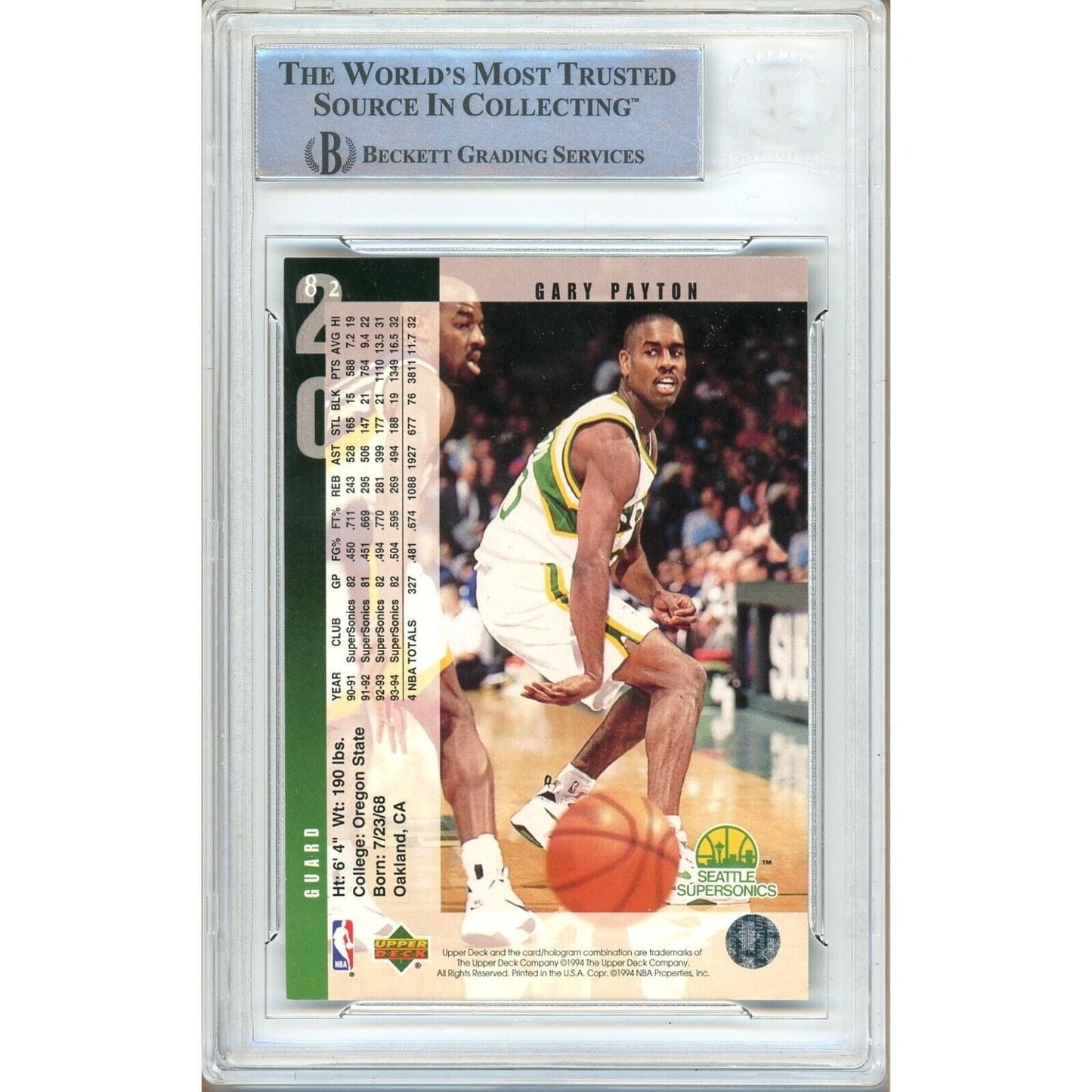 1994-95 Upper Deck #82 — Gary Payton Seattle Supersonics Autographed Trading Card — Beckett Authentication