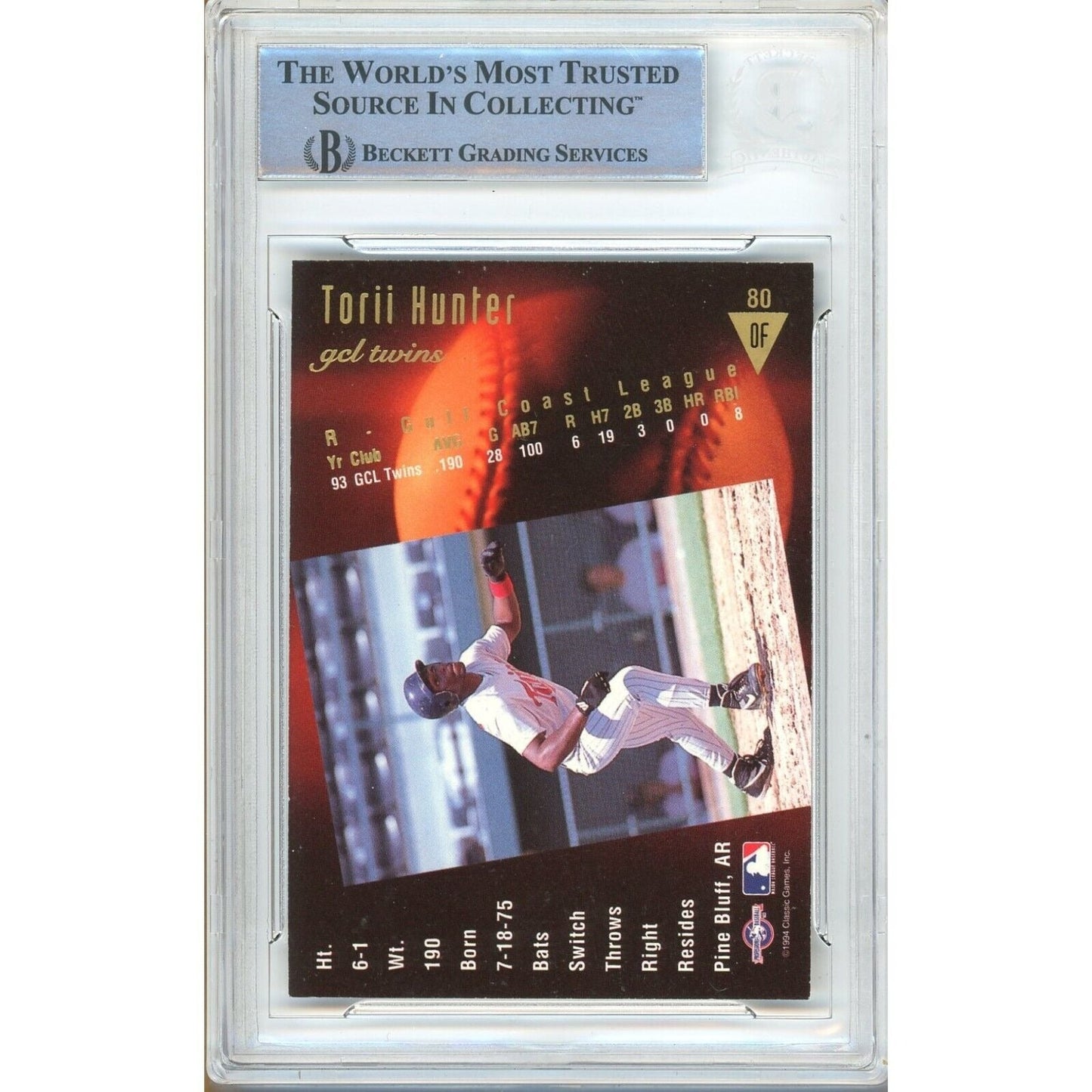 Torii Hunter Minnesota Twins Signed 1994 Classic Best Gold Card Beckett Auth Auto Slab RC
