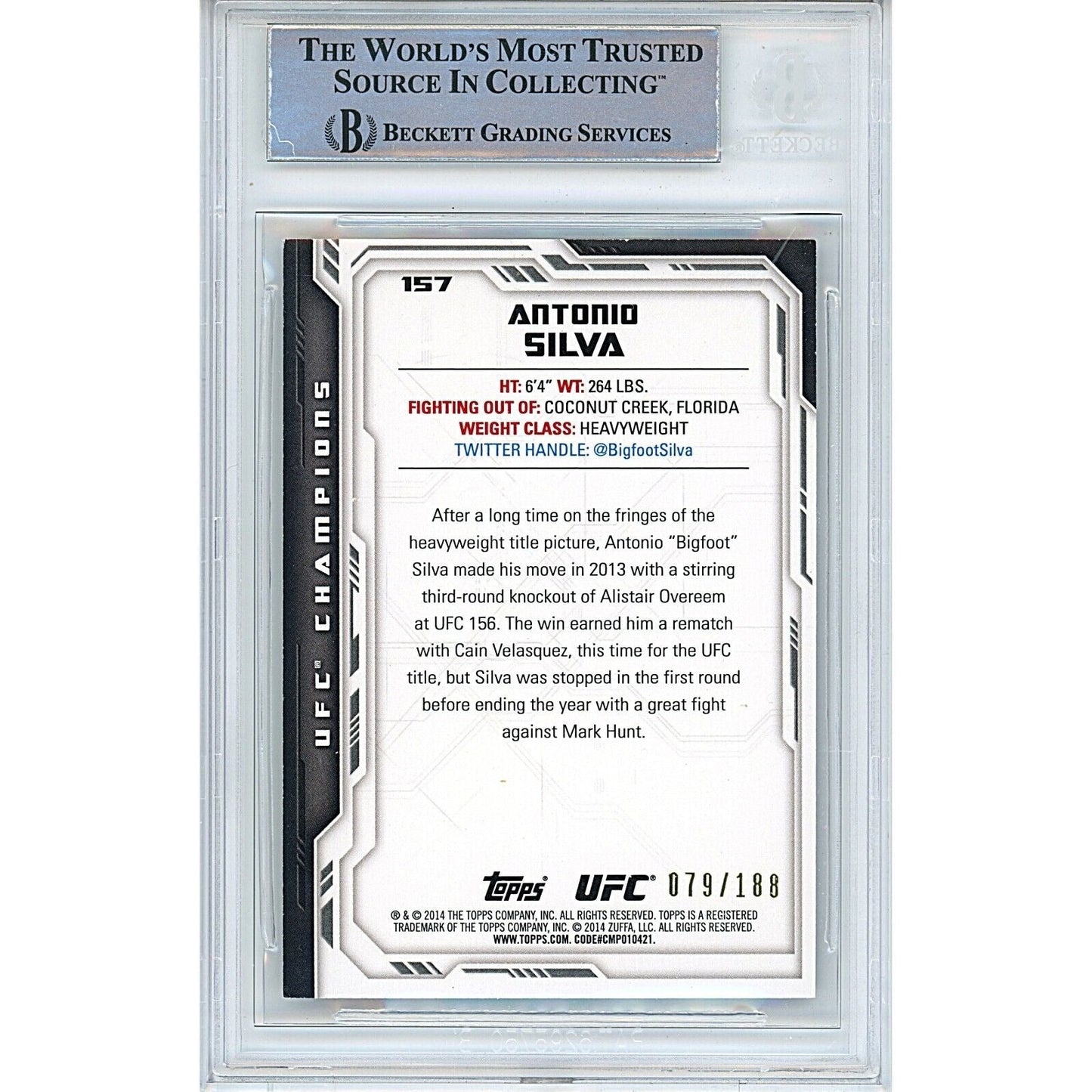 2014 Topps UFC Champions Black #157 — Antonio Silva Autographed MMA Trading Card — Beckett Authentication