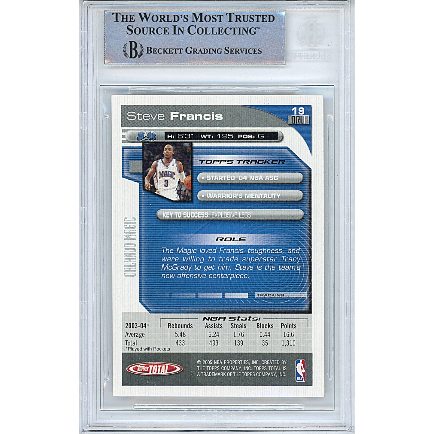 Steve Francis Signed Orlando Magic 2004-05 Topps Total Basketball Card Beckett Slab