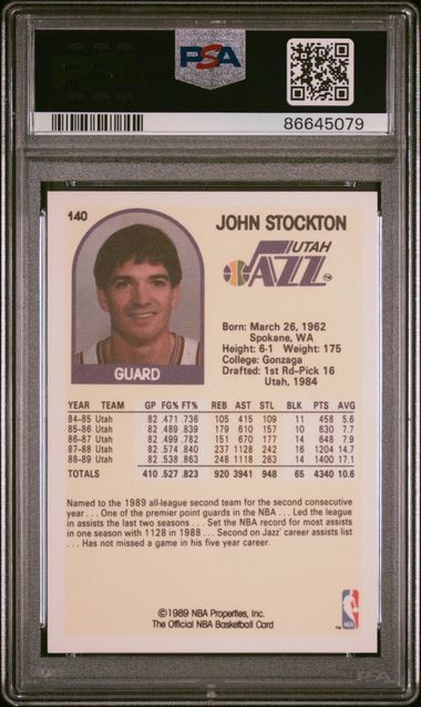 Graded 1989 Hoops John Stockton #140 2nd Year Basketball Card PSA 10 Gem Mint