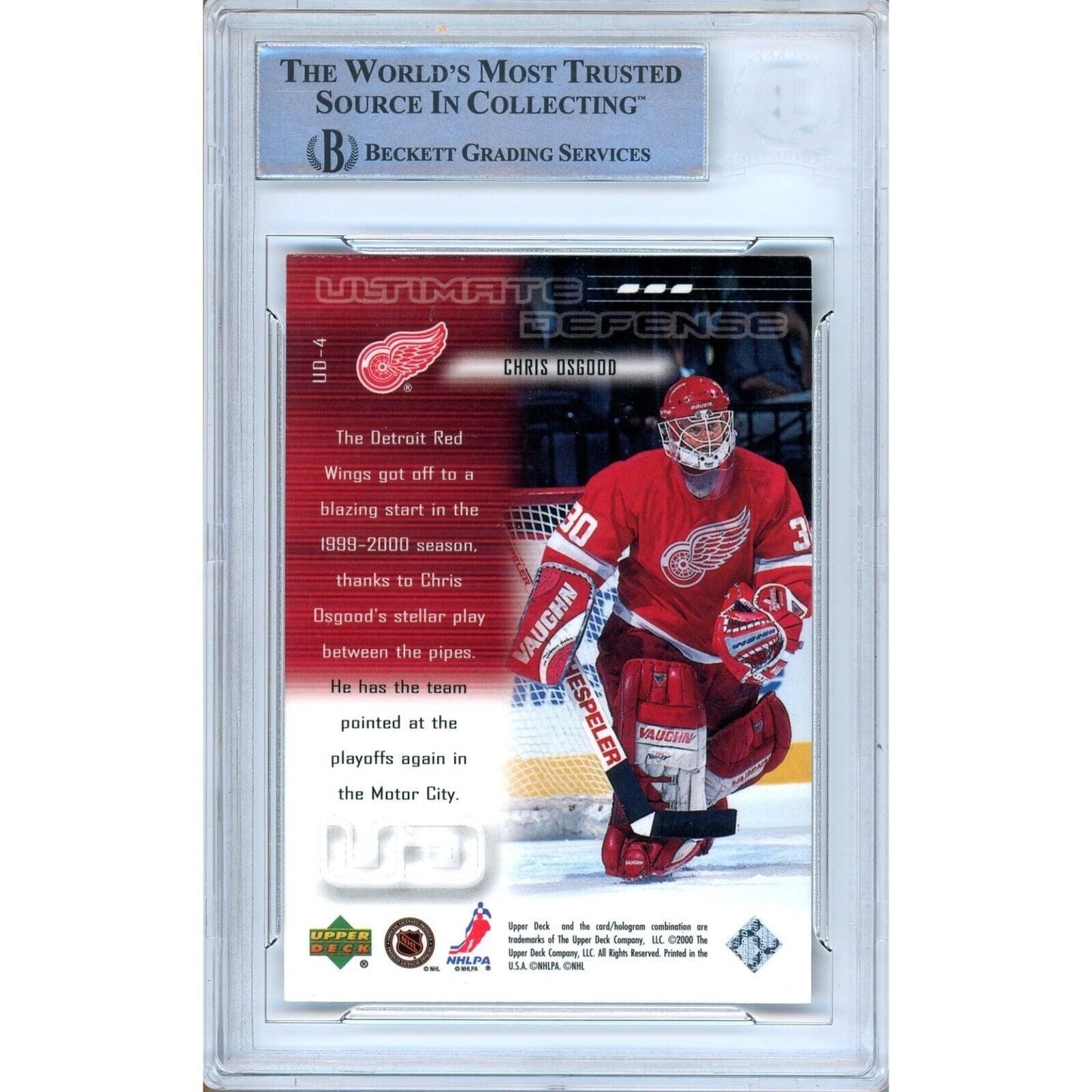 1999-2000 Upper Deck Ultimate Defense #UD4 — Chris Osgood Detroit Red Wings Autographed Trading Card — Beckett Authentication