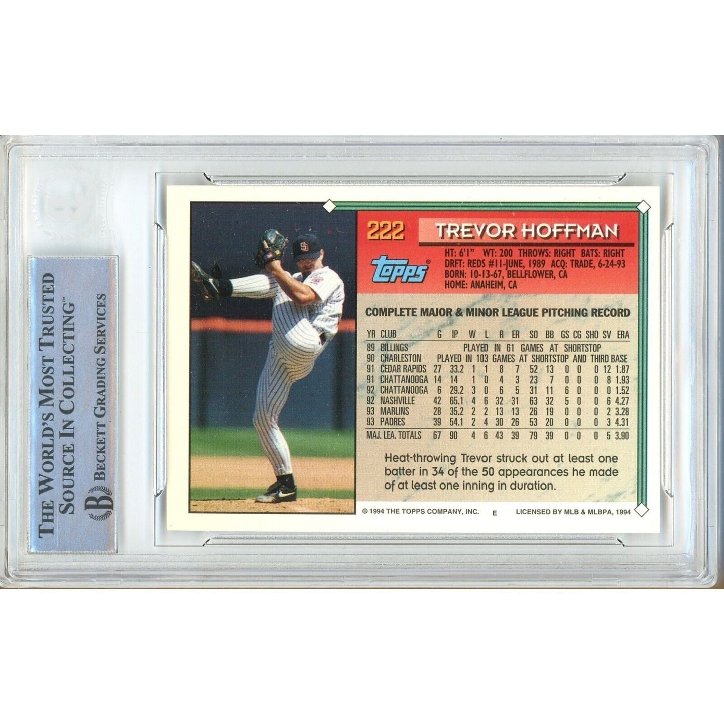 Trevor Hoffman San Diego Padres Signed 1994 Topps Card Beckett Authentic Auto Slab