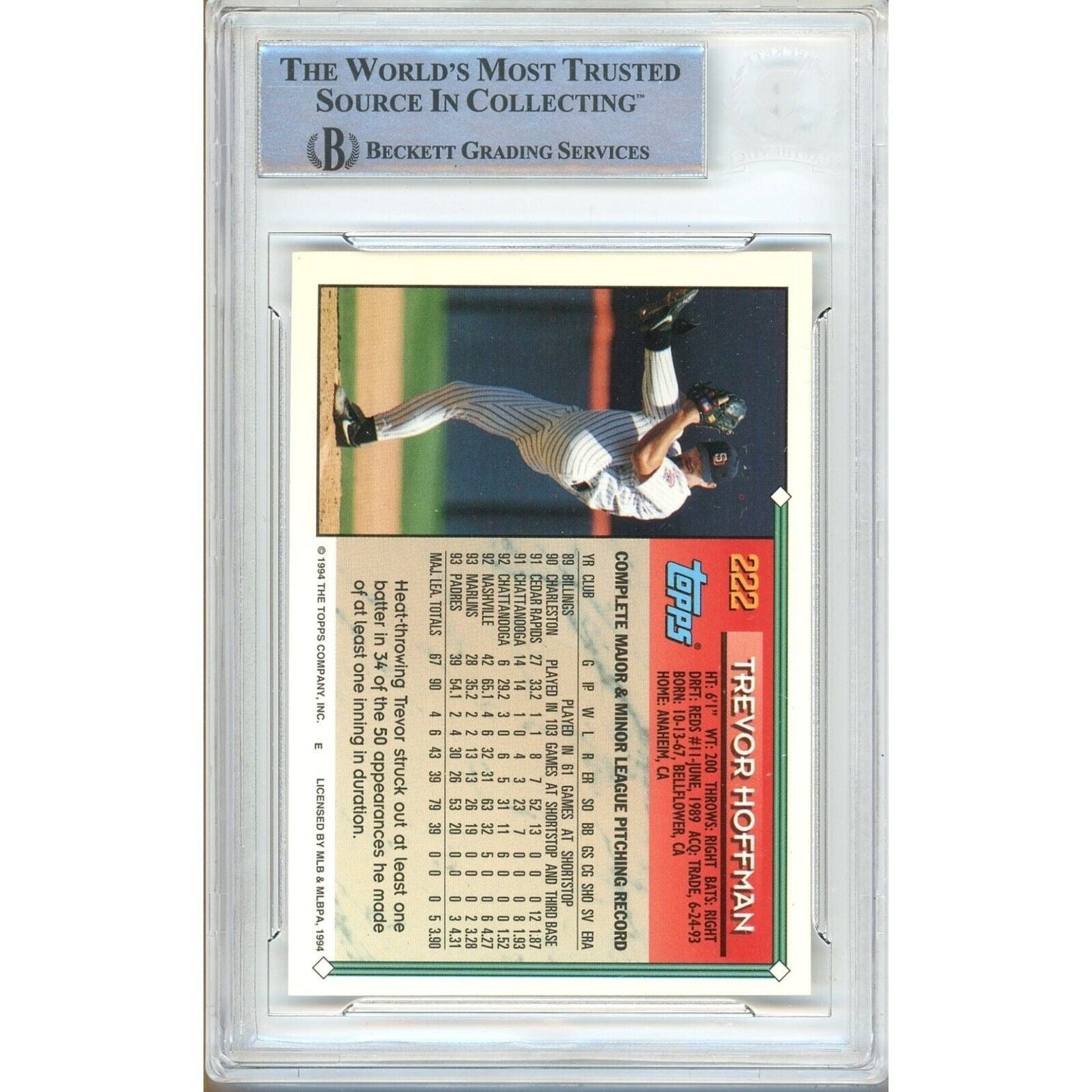 Trevor Hoffman San Diego Padres Signed 1994 Topps Card Beckett Authentic Auto Slab