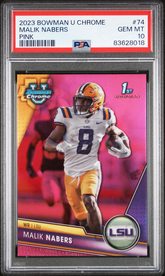Graded 2023 Topps Bowman U Chrome Malik Nabers #74 Pink Rookie RC Football Card PSA 10 Gem Mint