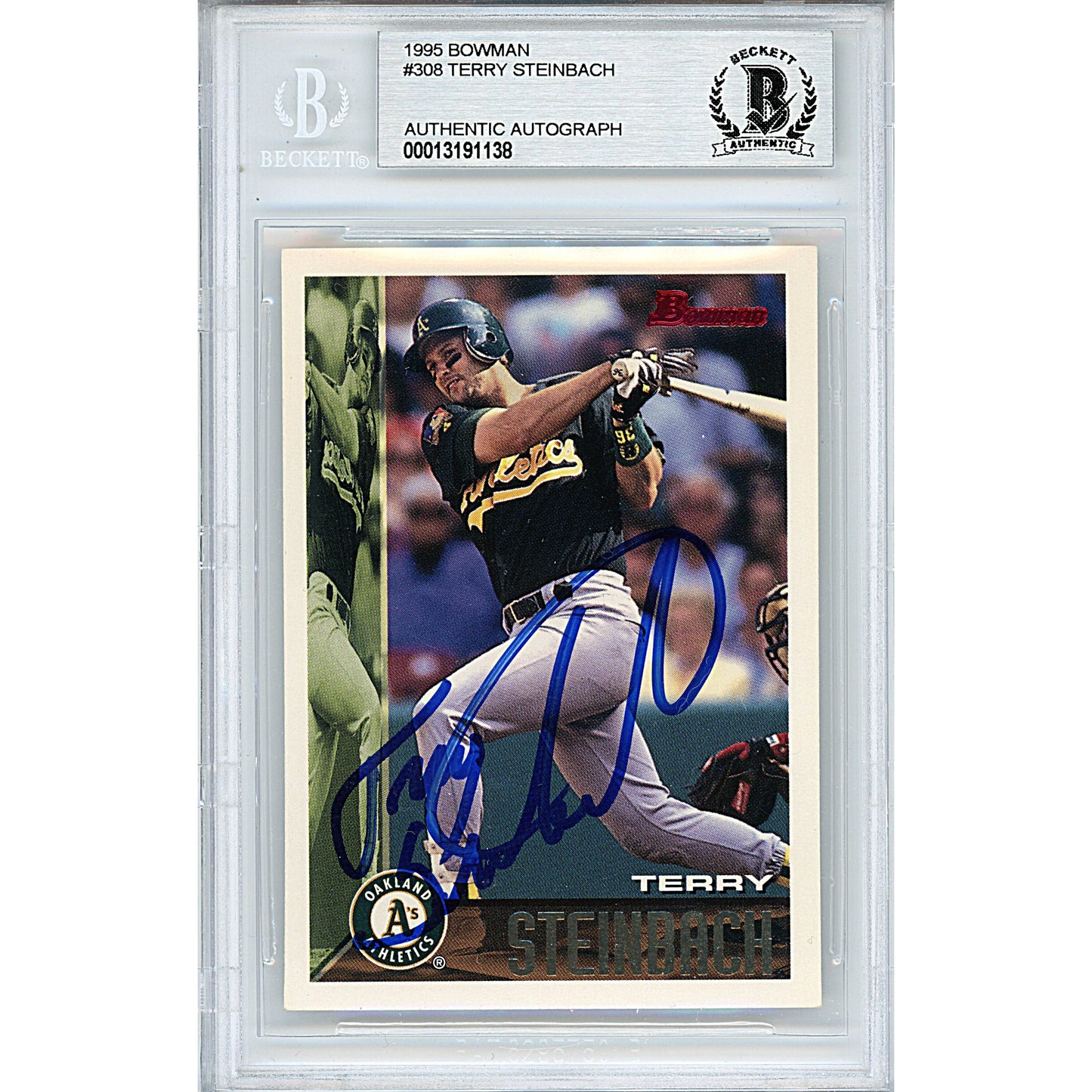 Terry Steinbach Signed Oakland Athletics 1995 Bowman Baseball Card Beckett Auth Slab