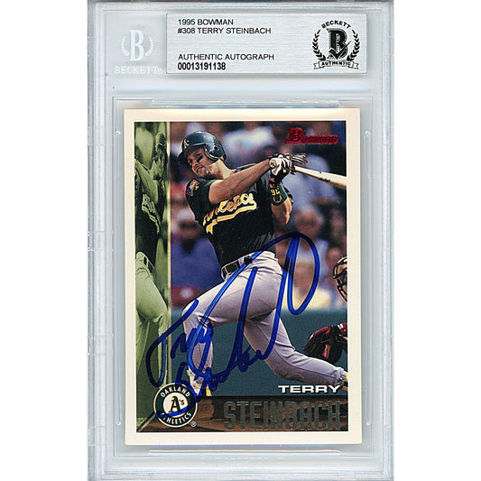 Terry Steinbach Signed Oakland Athletics 1995 Bowman Baseball Card Beckett Auth Slab