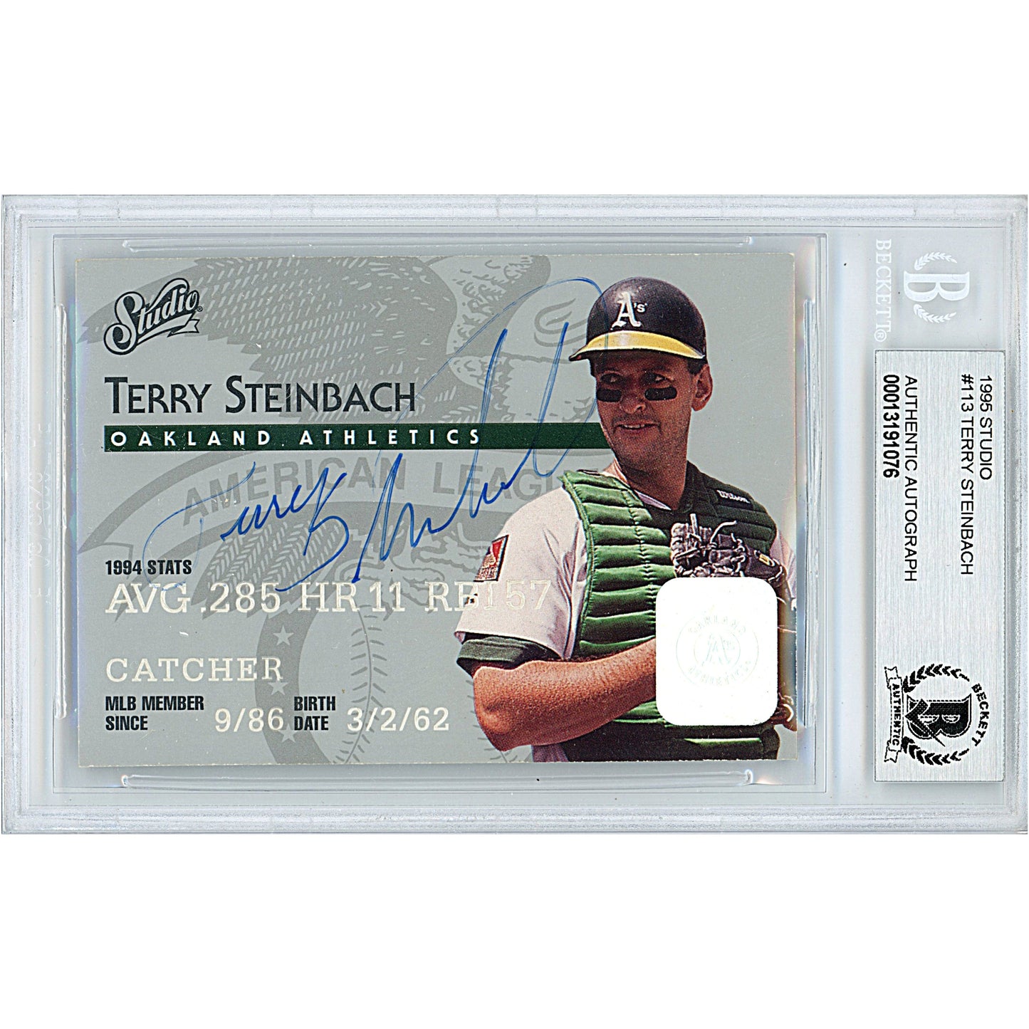 Terry Steinbach Signed Oakland Athletics 1995 Studio Baseball Card Beckett Auth Auto Slab