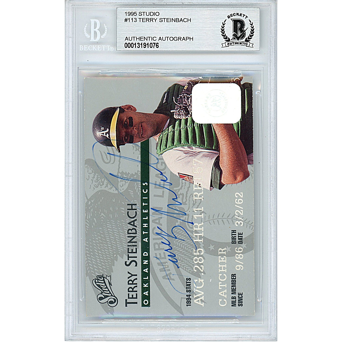Terry Steinbach Signed Oakland Athletics 1995 Studio Baseball Card Beckett Auth Auto Slab
