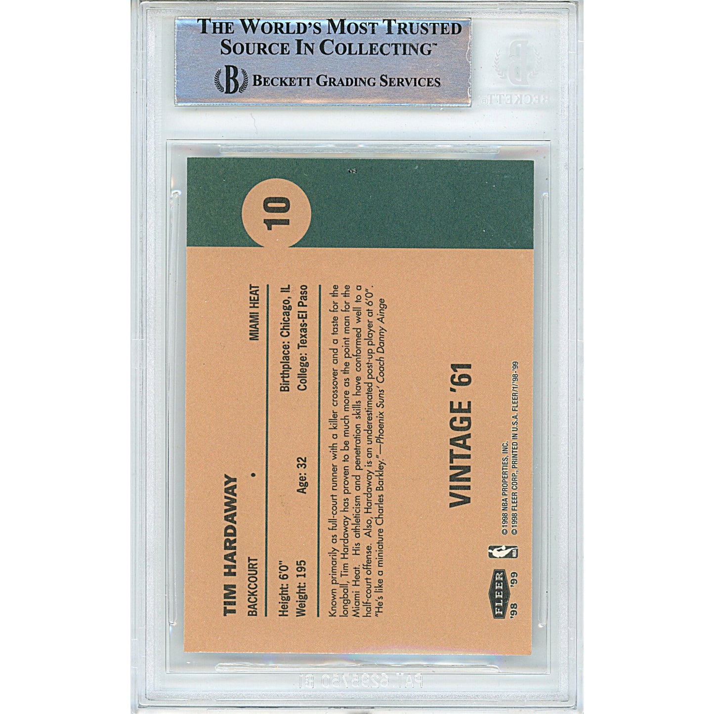Tim Hardaway Signed Miami Heat 1998-99 Fleer Vintage Basketball Card Beckett Auth Slab