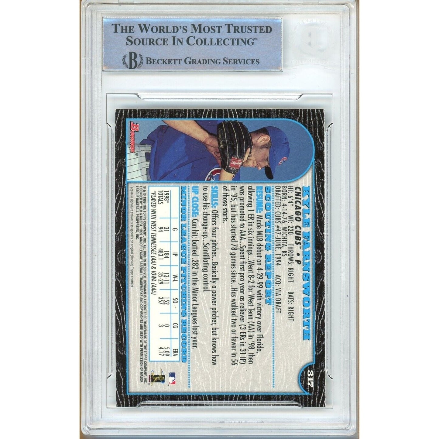 1999 Bowman International — Kyle Farnsworth Chicago Cubs Autographed Trading Card — Beckett Authentication