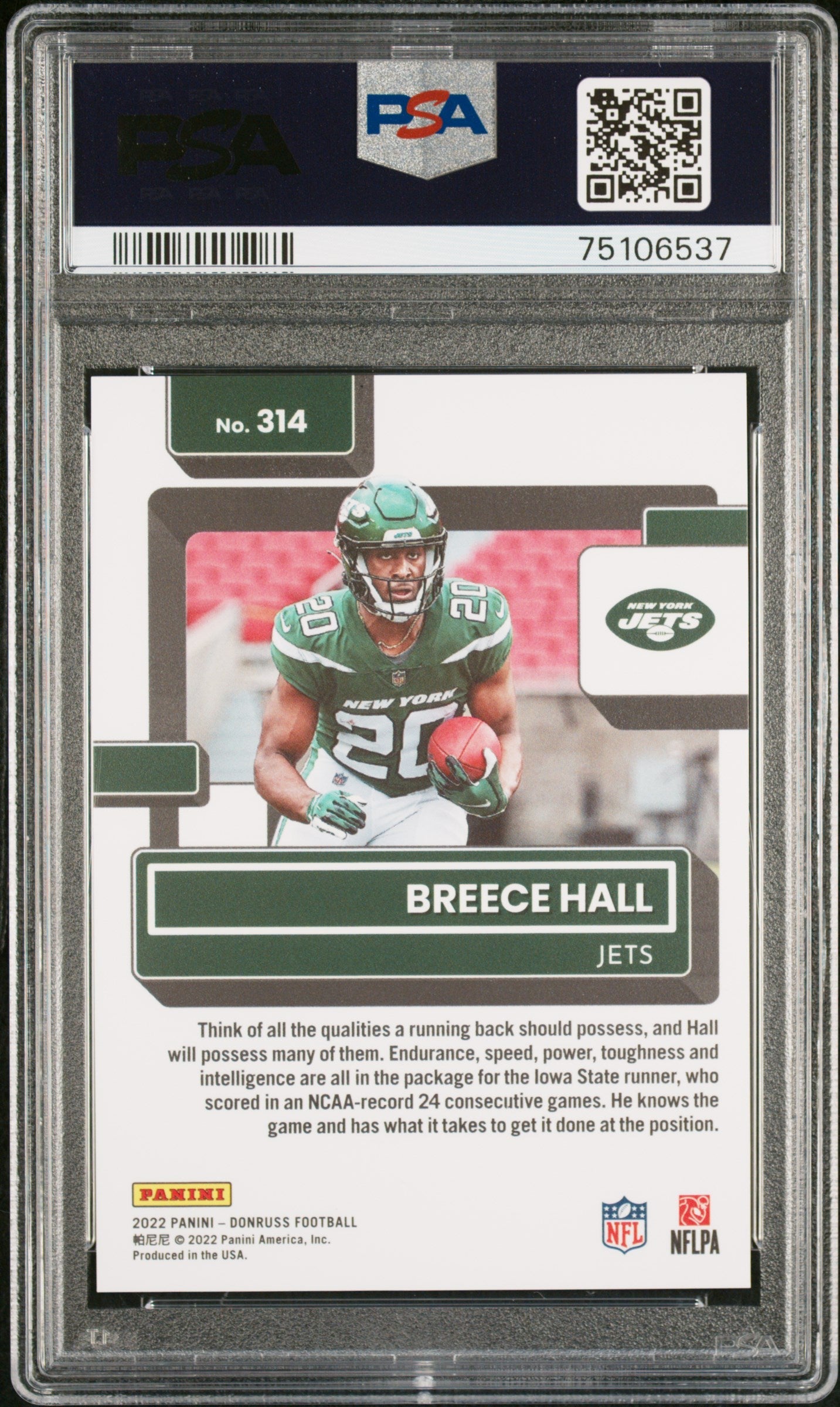 Graded 2022 Panini Donruss Breece Hall #314 Press Proof Premium Rookie RC Football Card PSA 10 Gem Mint - Sport Cards