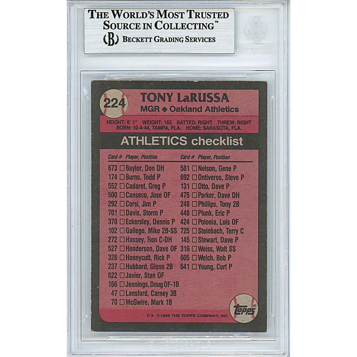 Tony LaRussa Signed Oakland Athletics 1989 Topps Baseball Card Beckett Auth Auto Slab