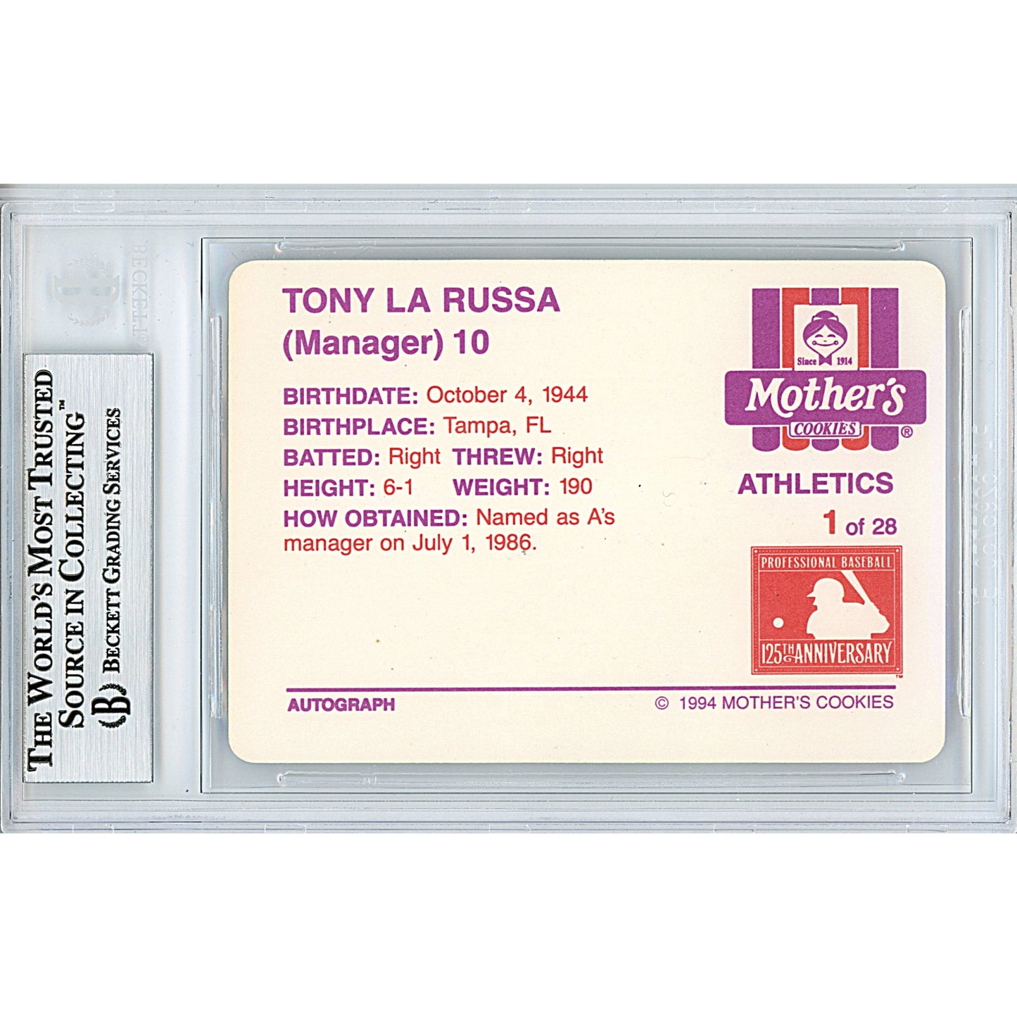 Tony LaRussa Signed Oakland Athletics 1994 Mothers Baseball Card Beckett Auth Auto Slab