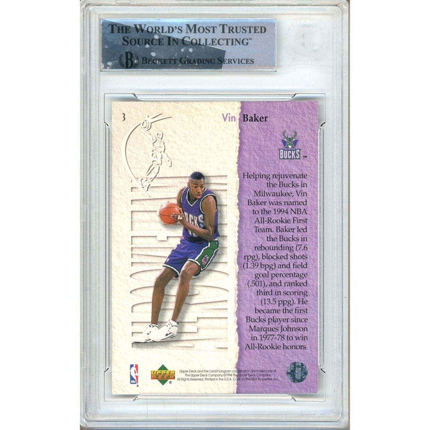 Vin Baker Milwaukee Bucks Signed 1994-95 Upper Deck Basketball Card Beckett Auth Auto