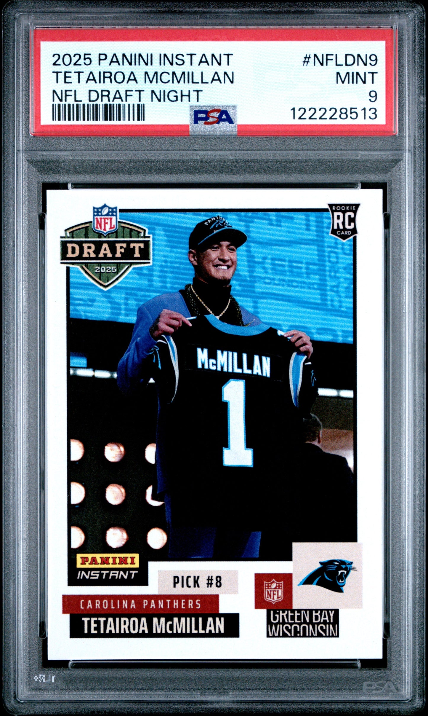 Graded 2025 Panini Instant Tetairoa McMillan #NFLDN9 NFL Draft Night Rookie RC Football Card PSA 9 Mint