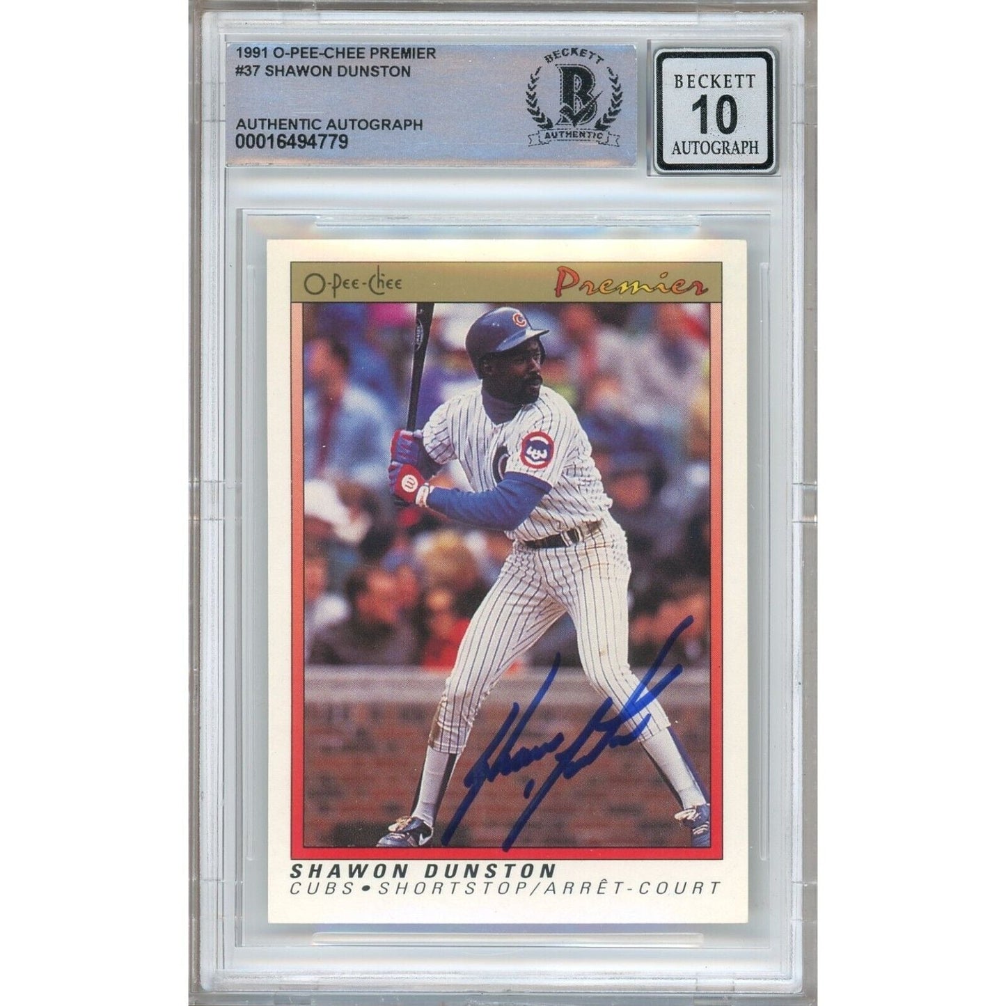 Shawon Dunston Chicago Cubs Signed 1991 O-Pee-Chee Card BGS Auto 10 Graded Slab