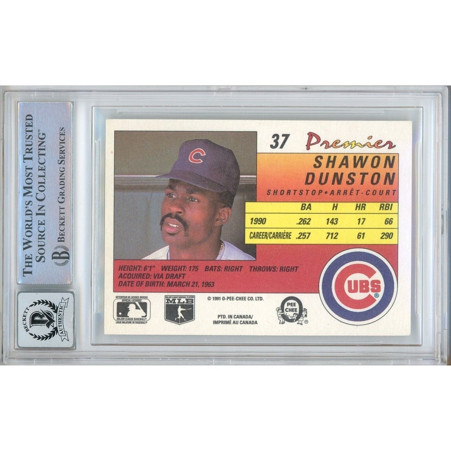 Shawon Dunston Chicago Cubs Signed 1991 O-Pee-Chee Card BGS Auto 10 Graded Slab