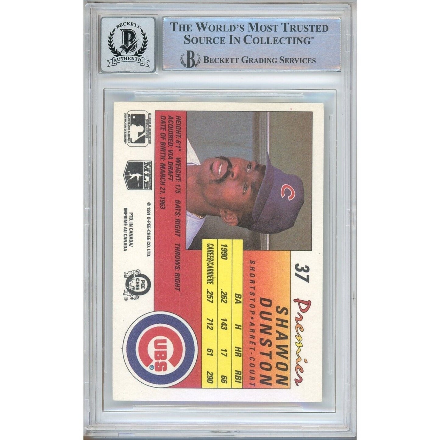 Shawon Dunston Chicago Cubs Signed 1991 O-Pee-Chee Card BGS Auto 10 Graded Slab