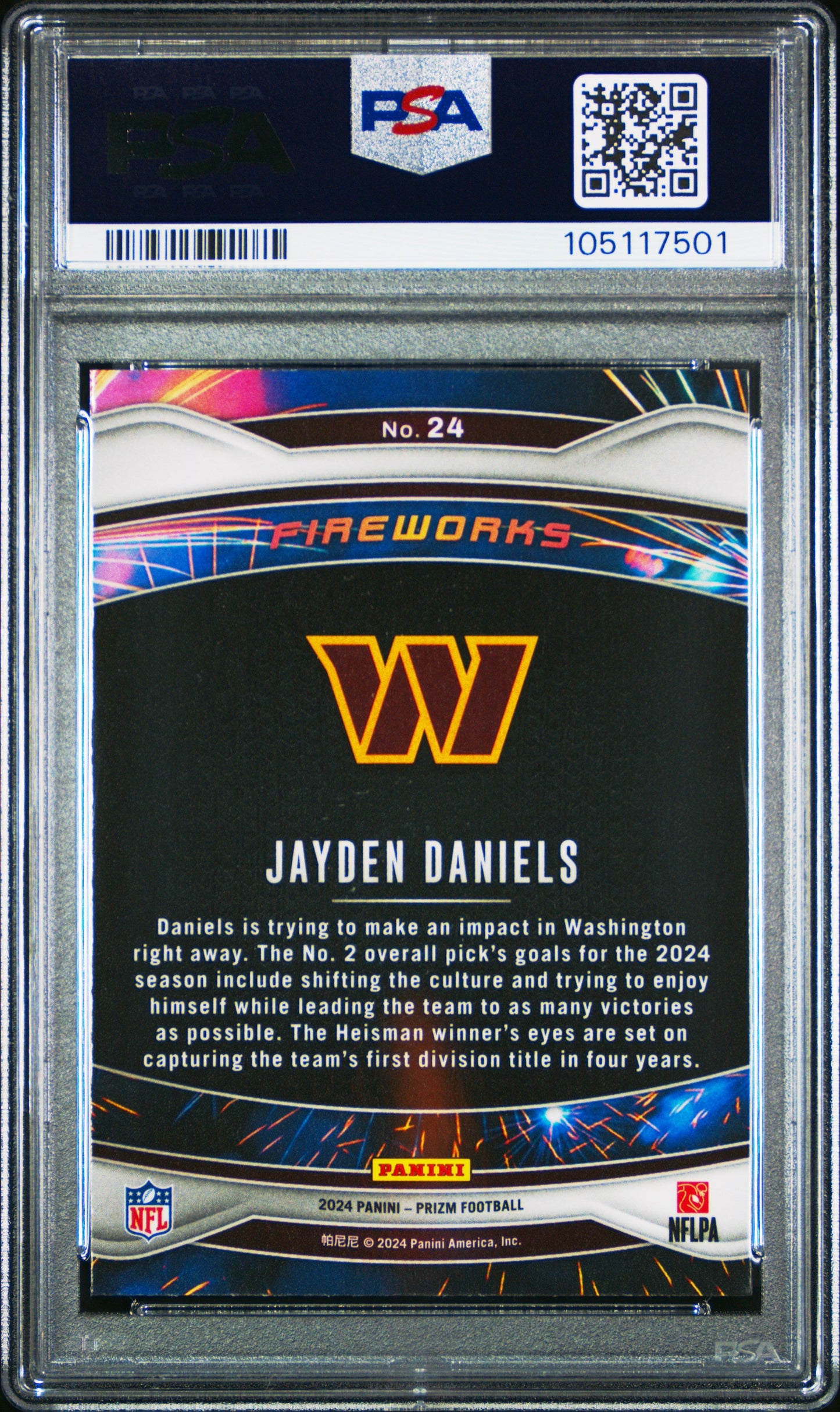 Graded 2024 Panini Prizm Jayden Daniels #24 Fireworks Rookie RC Football Card PSA 10 Gem Mint