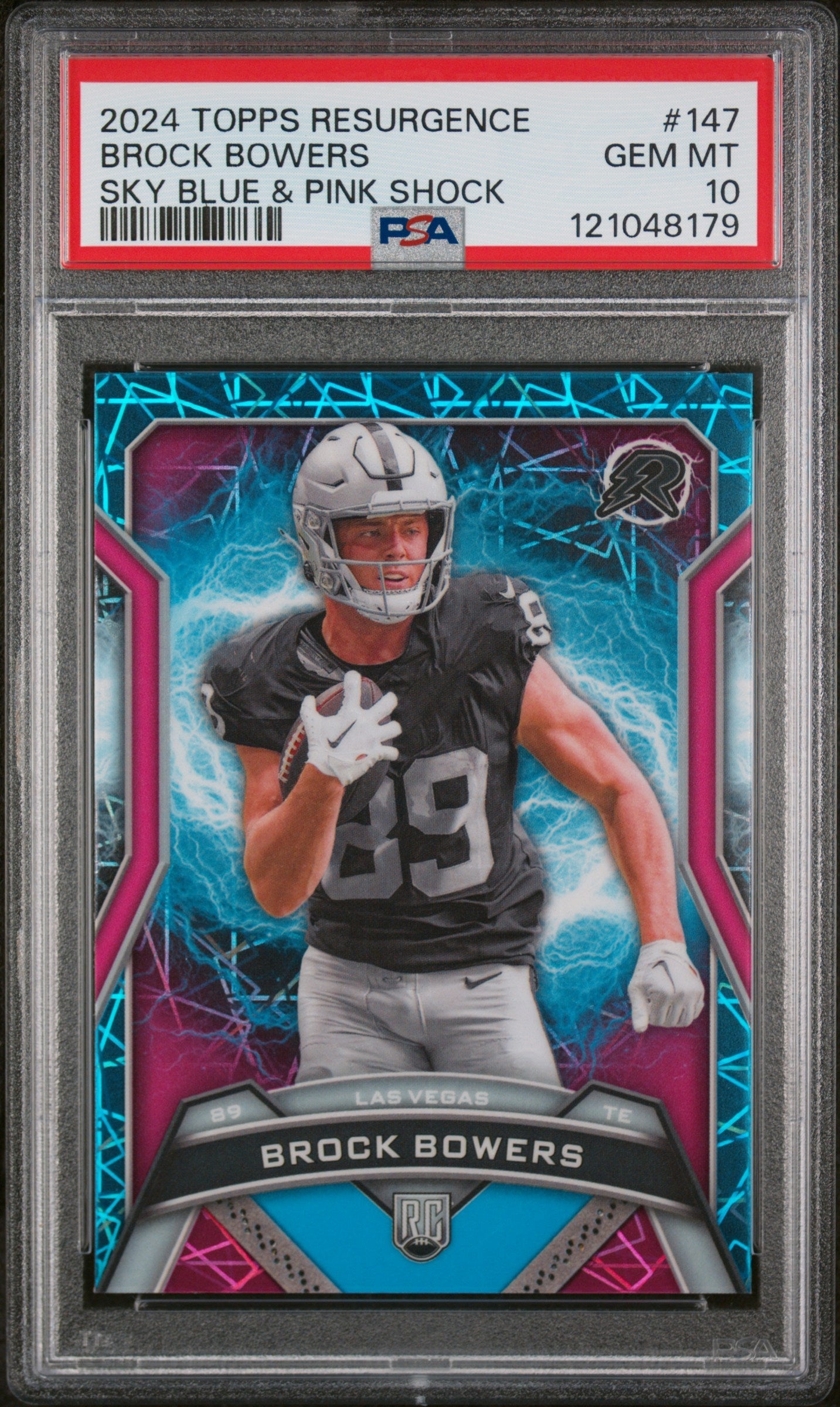 Graded 2024 Topps Resurgence Brock Bowers #147 Sky Blue & Pink Shock Rookie RC Football Card PSA 10 Gem Mint