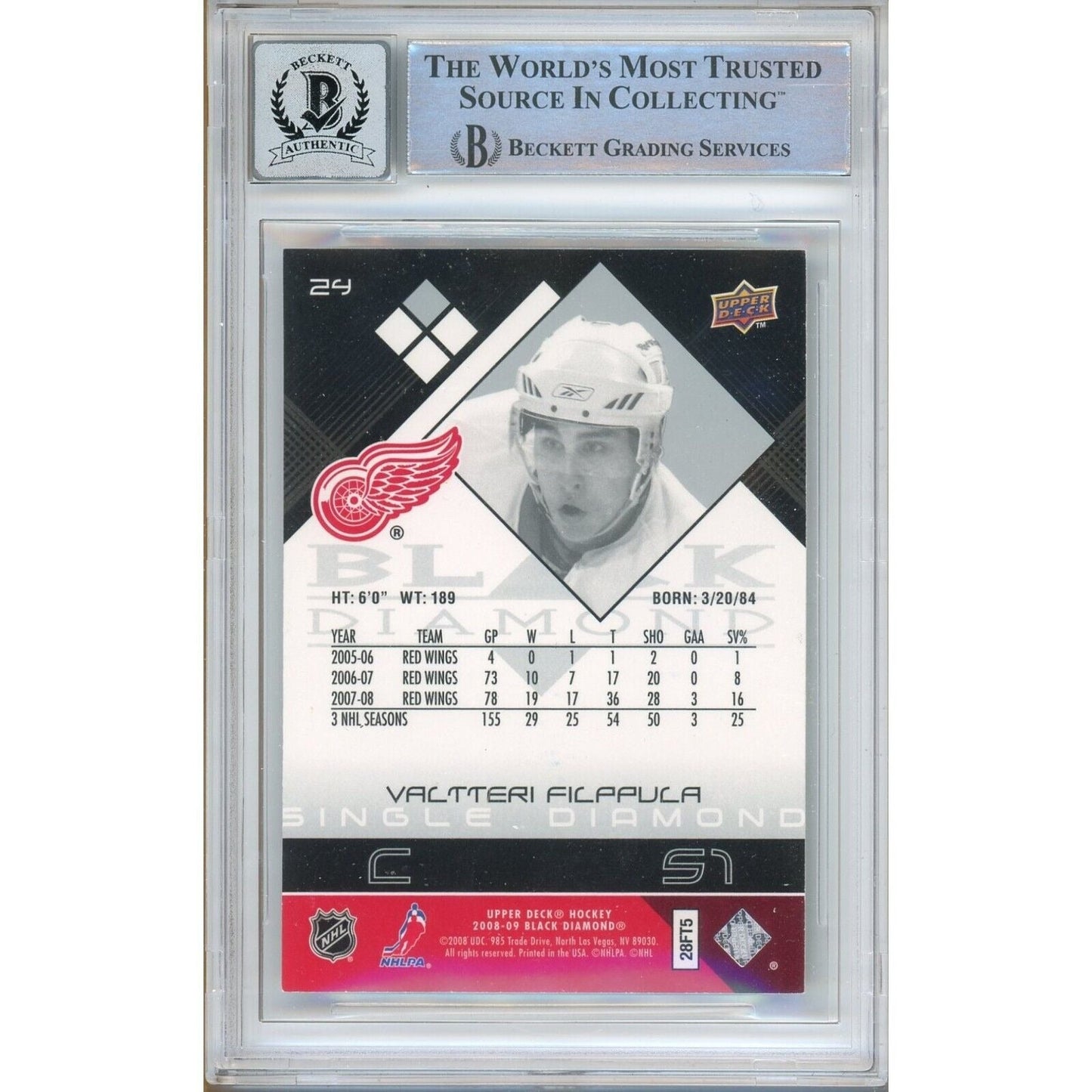 Valtteri Filppula Detroit Red Wings Signed 2008-09 Upper Deck Card BGS Auto 10 Graded