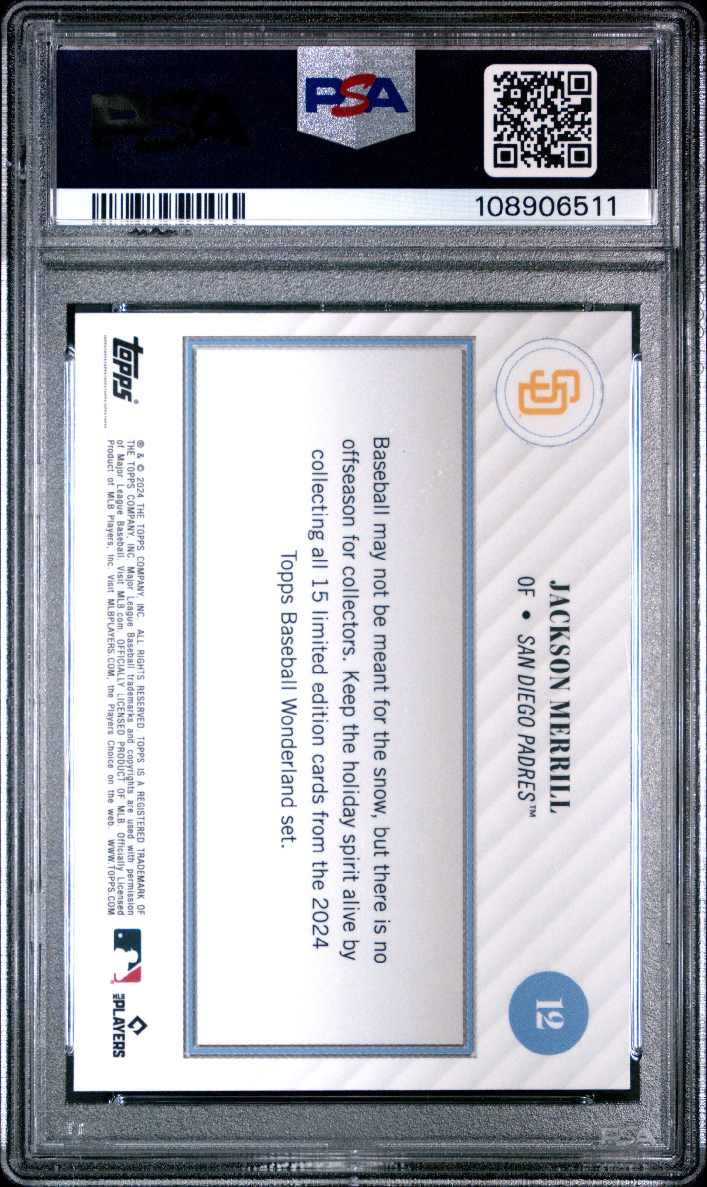 Graded 2024 Topps Wonderland Jackson Merrill #12 Rookie RC Baseball Card PSA 10 Gem Mint