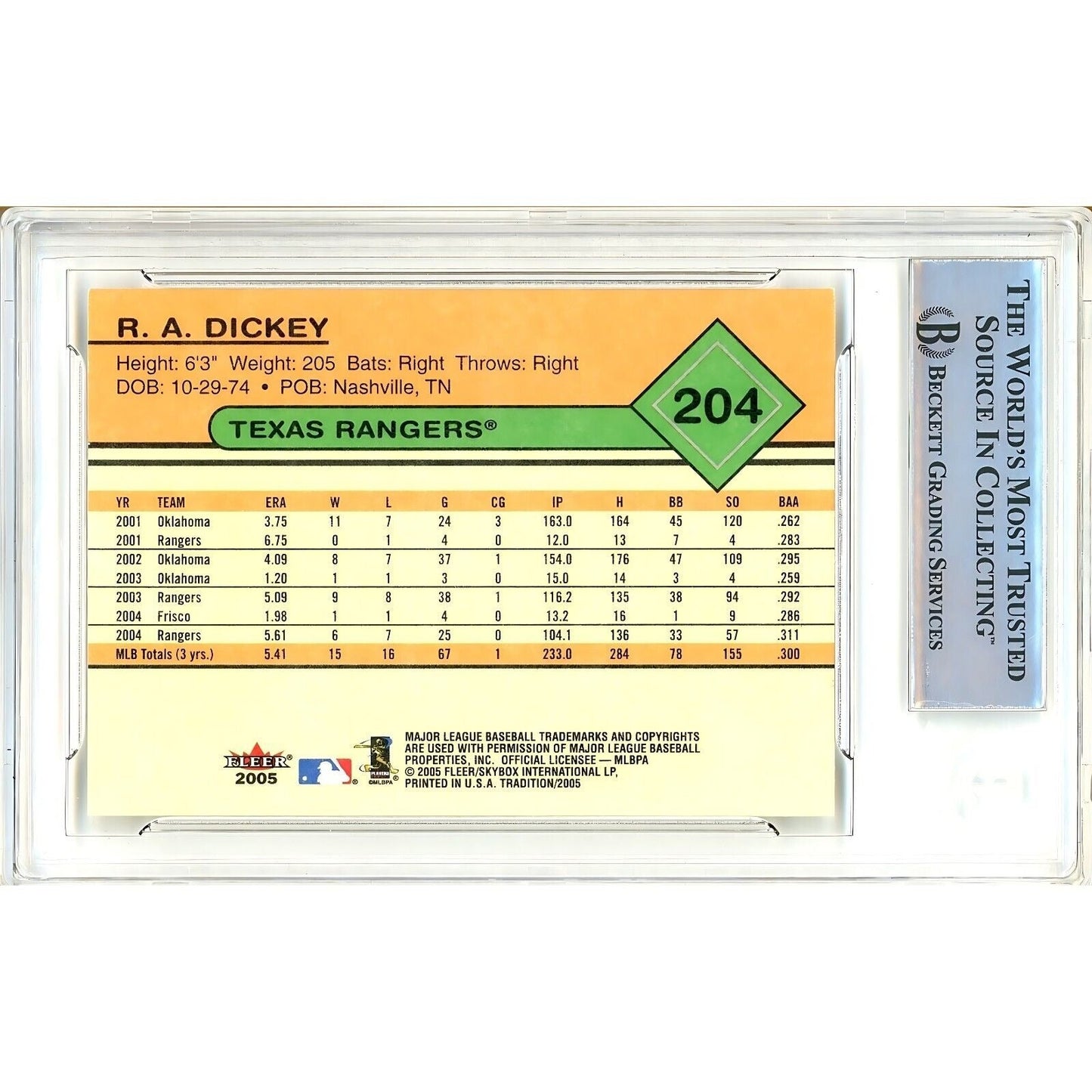 R.A. Dickey Texas Rangers Signed 2005 Fleer Tradition Card Beckett Authentic Auto Slab