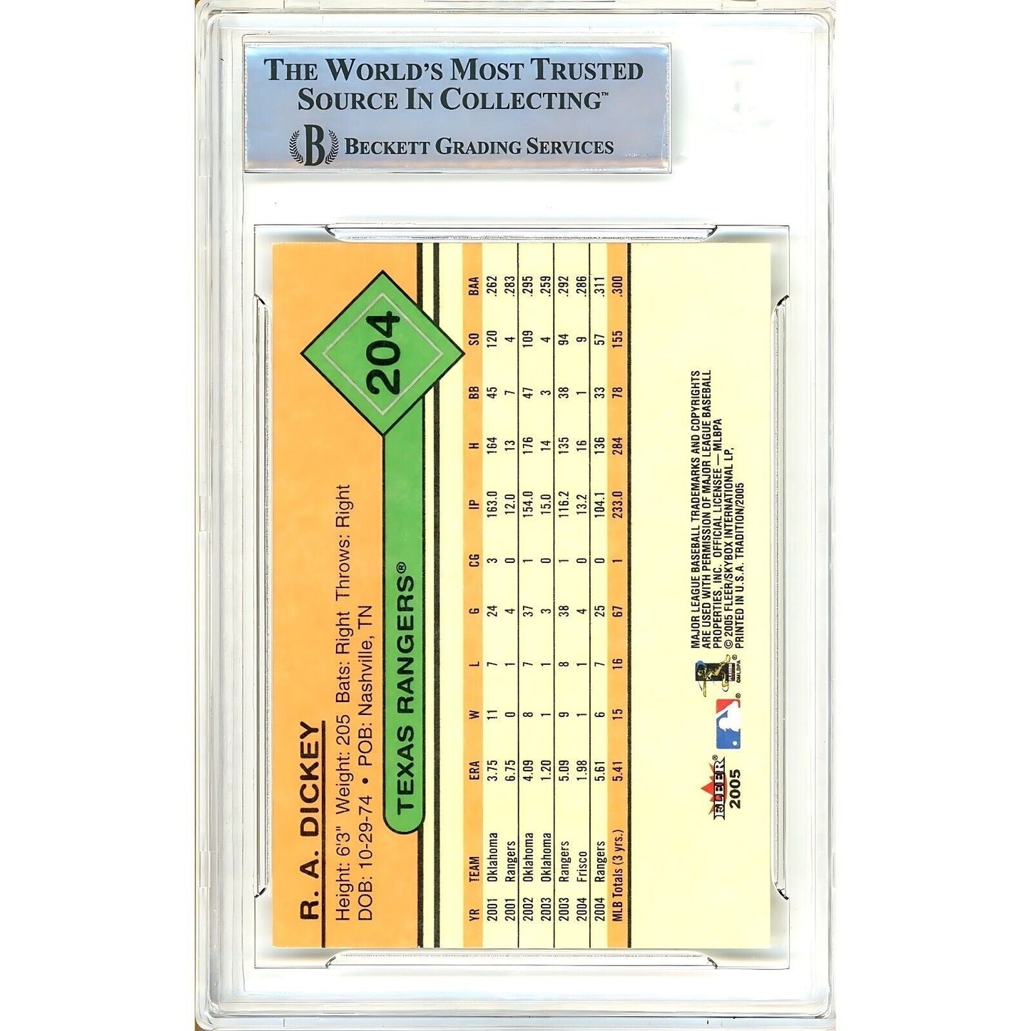 R.A. Dickey Texas Rangers Signed 2005 Fleer Tradition Card Beckett Authentic Auto Slab