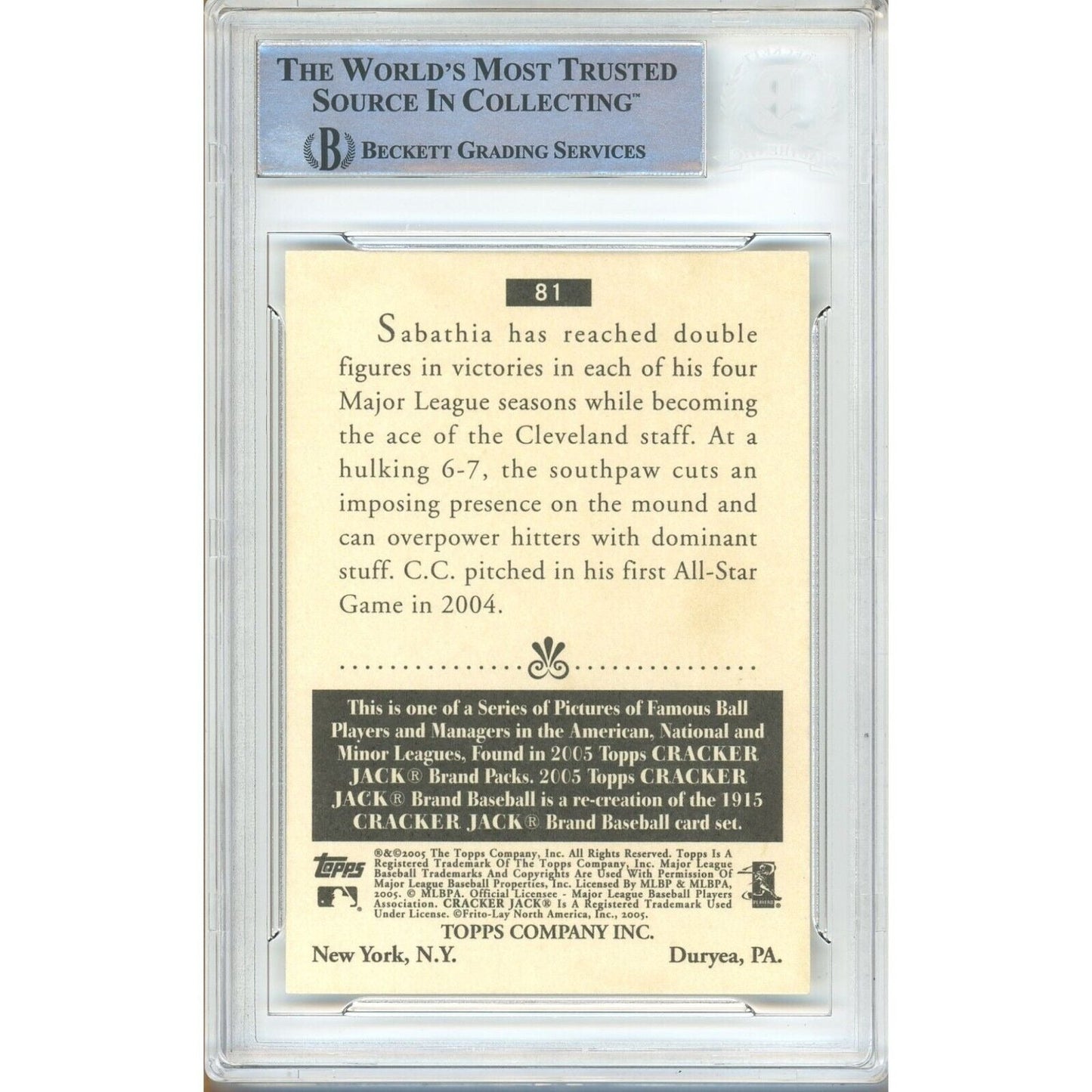 2005 Topps Cracker Jack #81 — CC Sabathia Cleveland Indians Autographed Trading Card — Beckett Authentication