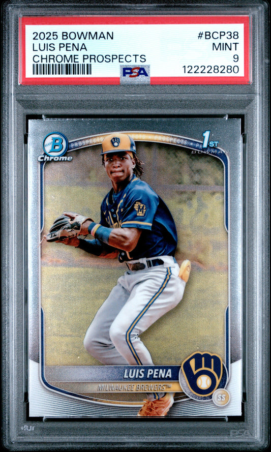 Graded 2025 Topps Bowman Luis Pena #BCP38 Chrome Prospects Rookie RC Baseball Card PSA 9 Mint