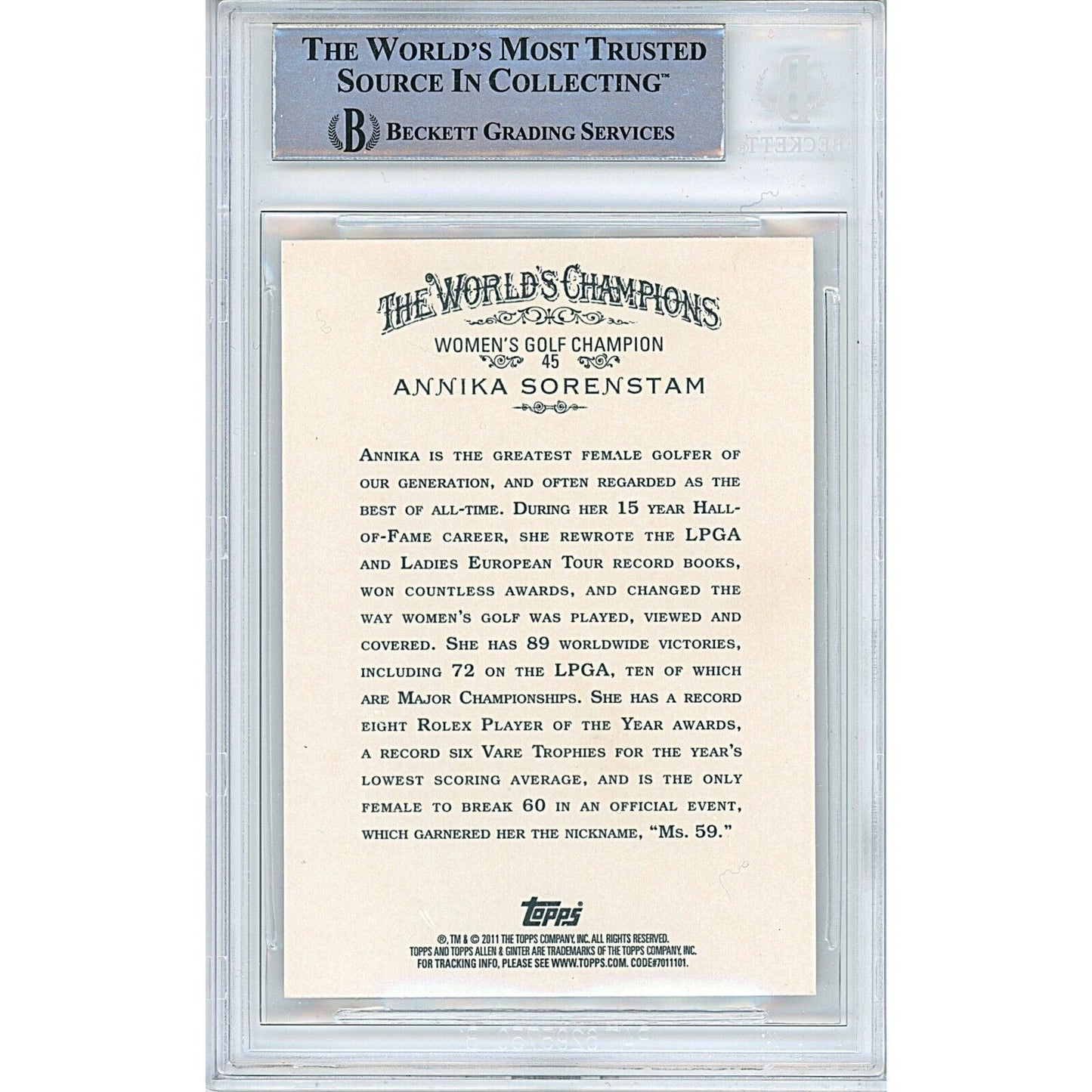 2011 Topps Allen and Ginter #45 — Annika Sorenstam LPGA Golf Autographed Trading Card — Beckett Authentication