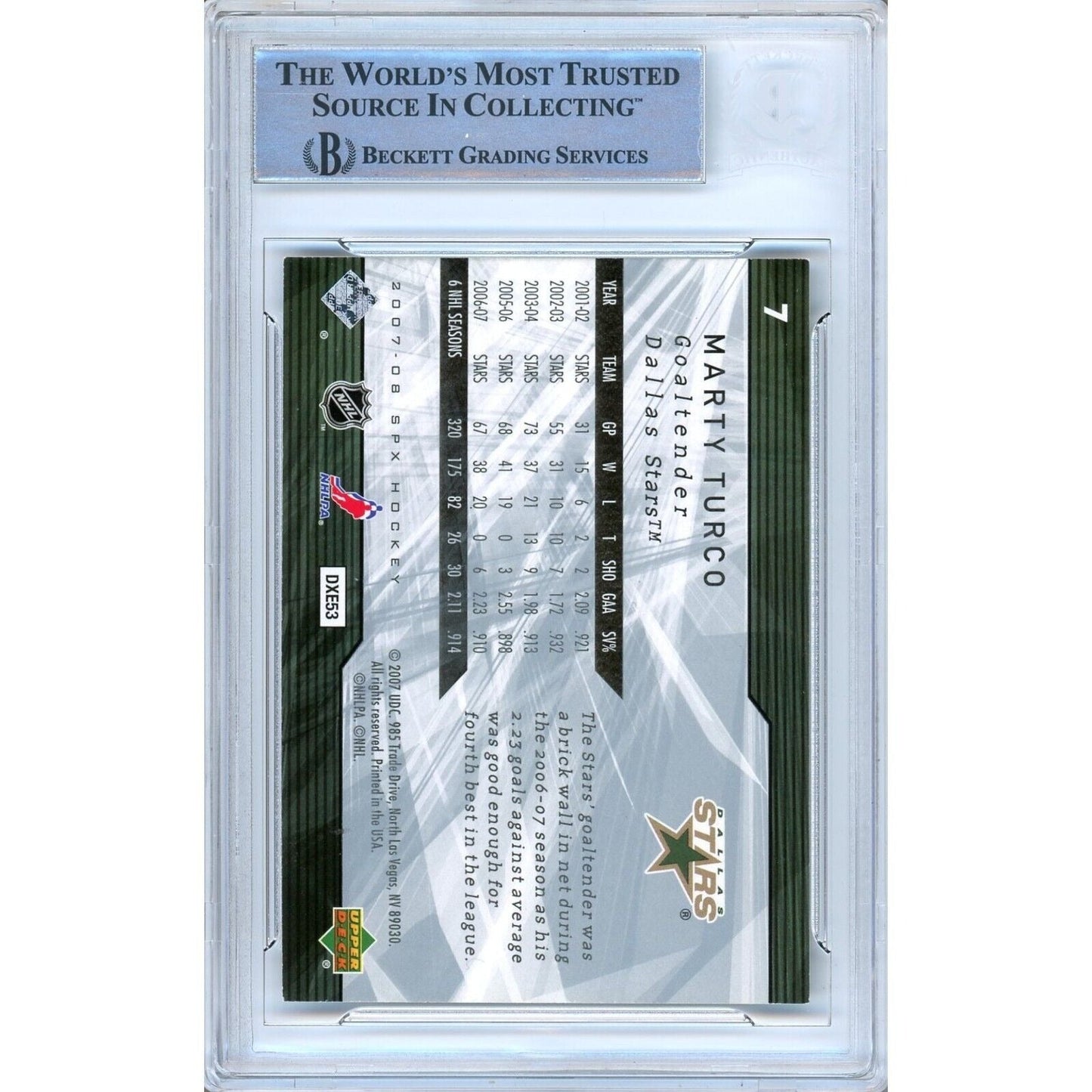 Marty Turco Dallas Stars Signed 2007-08 Upper Deck SPx Hockey Card BAS Auth Auto Slab