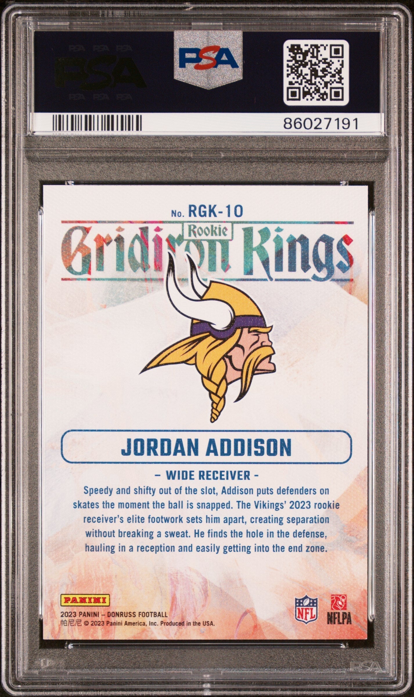 Graded 2023 Panini Donruss Jordan Addison #RGK10 Rookie Gridiron Kings Rookie RC Football Card PSA 10 Gem Mint - Sport Cards