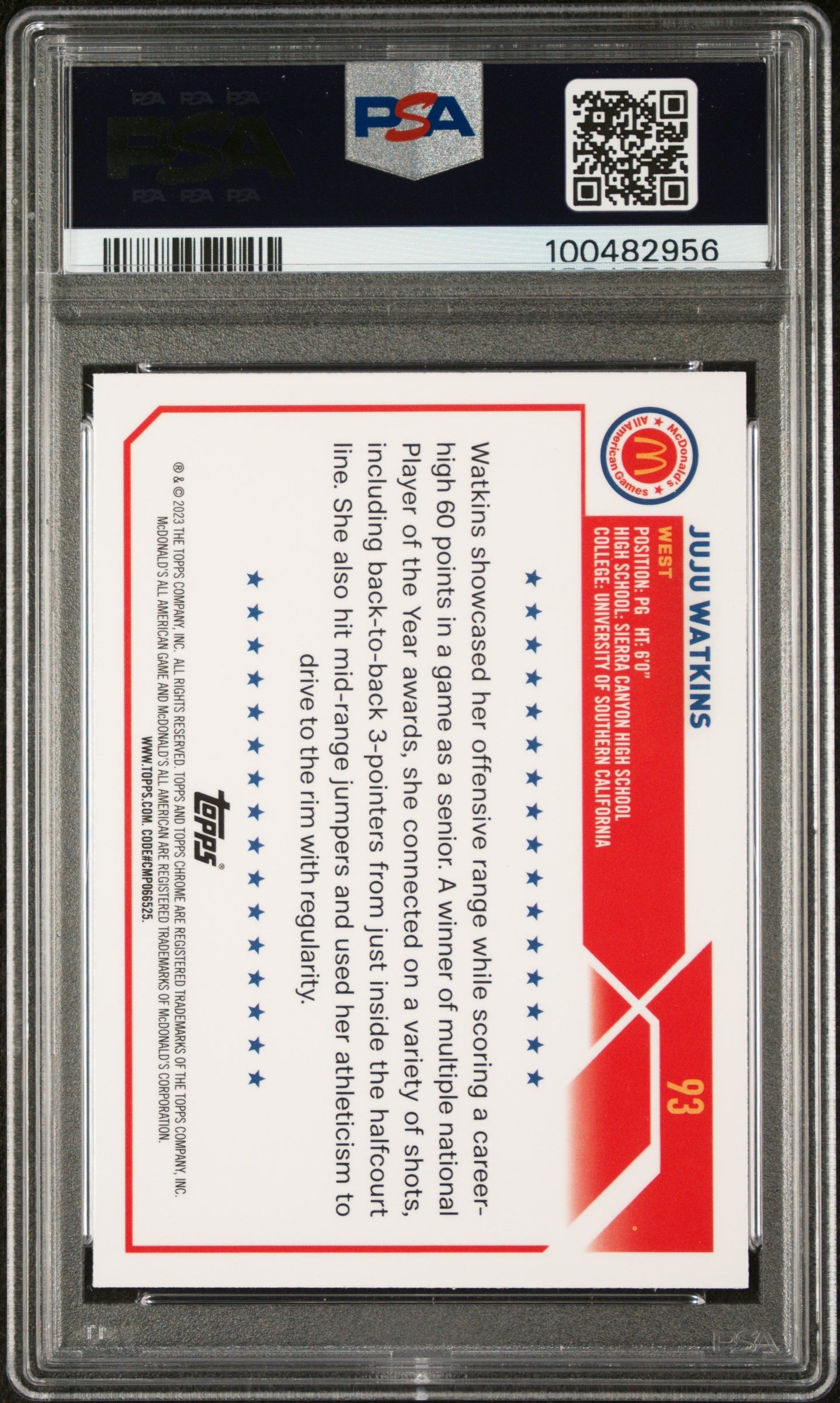 Graded 2023 Topps Chrome JuJu Watkins #93 McDonalds All American Rookie RC Basketball Card PSA 10 Gem Mint - Sport Cards