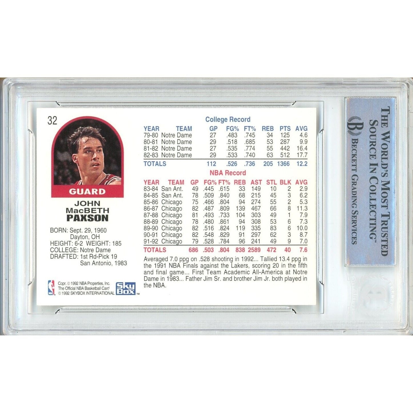 1992-93 NBA Hoops — John Paxson Chicago Bulls Autographed Trading Card — Beckett Authentication