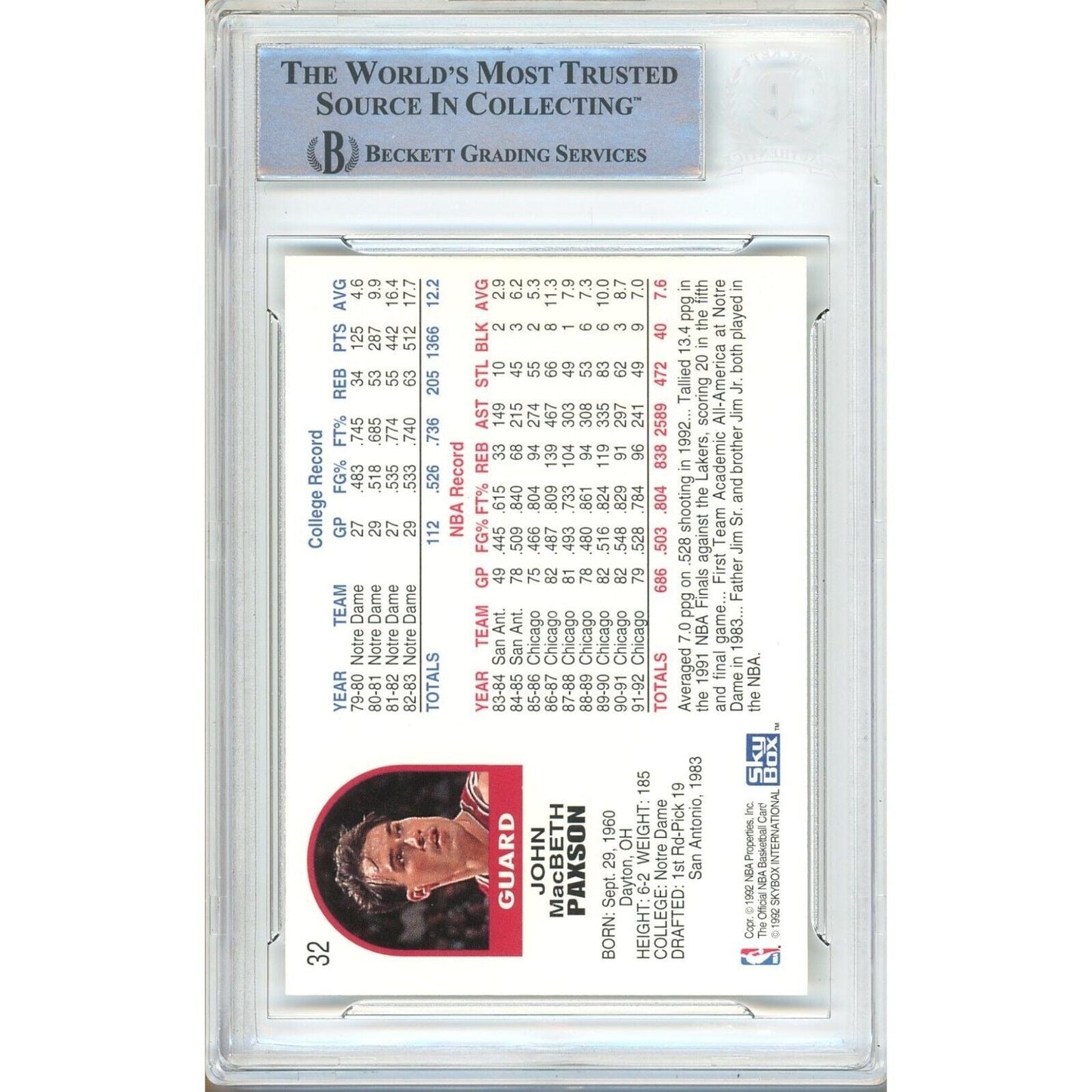 1992-93 NBA Hoops — John Paxson Chicago Bulls Autographed Trading Card — Beckett Authentication