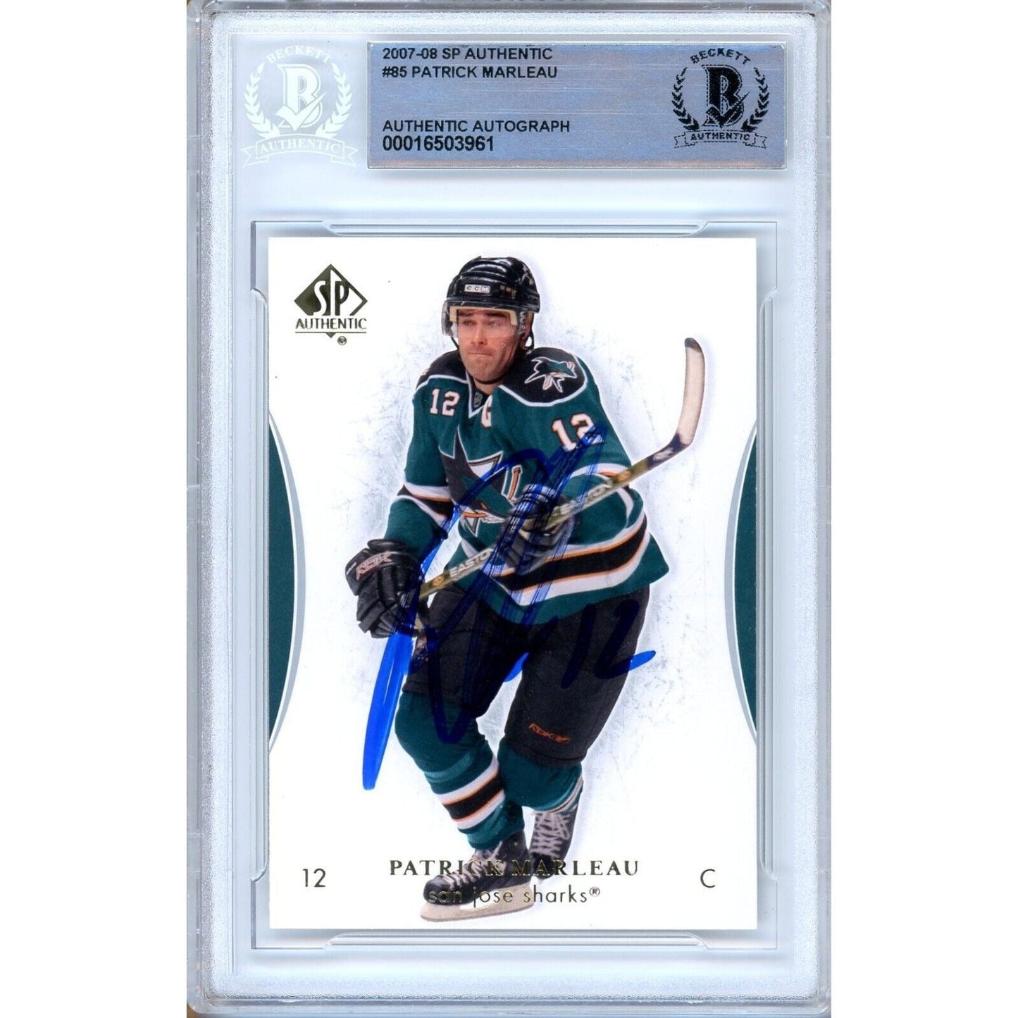 Patrick Marleau San Jose Sharks Signed 2007-08 UD SP Authentic Card BAS Auth Auto Slab