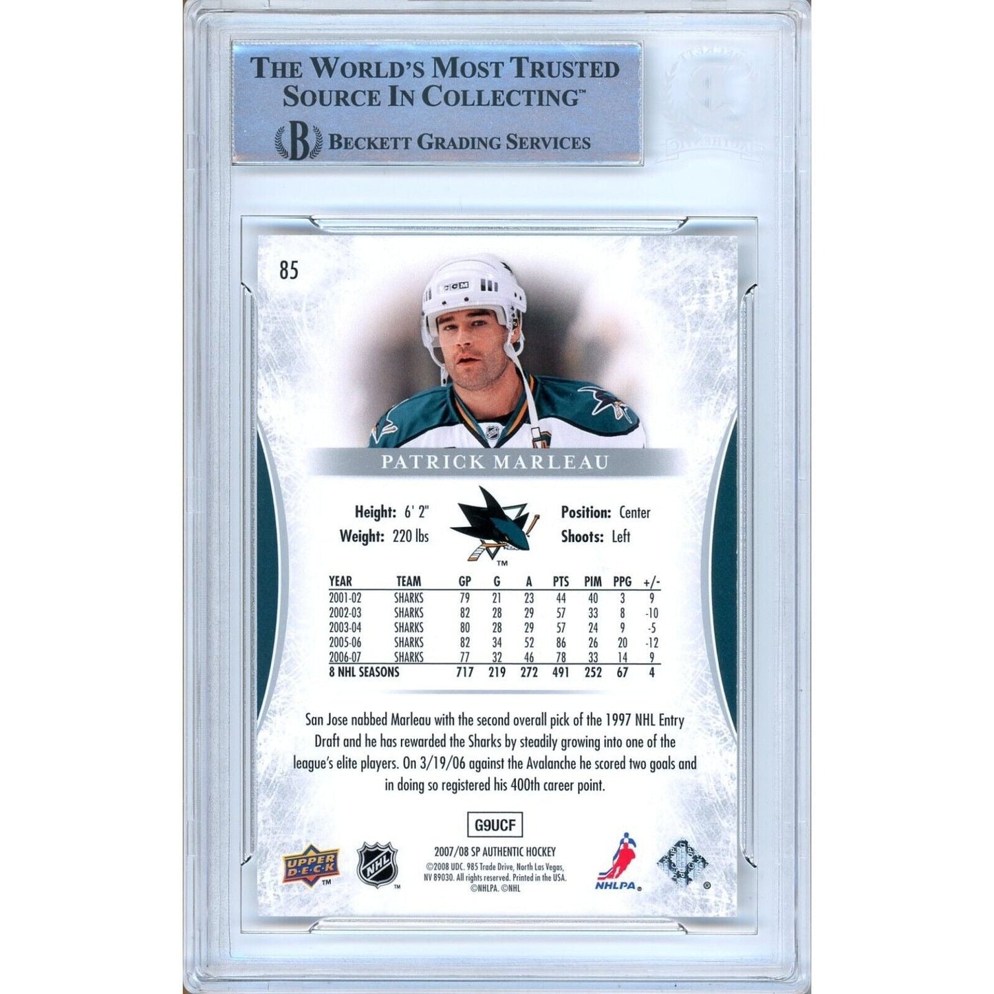 Patrick Marleau San Jose Sharks Signed 2007-08 UD SP Authentic Card BAS Auth Auto Slab