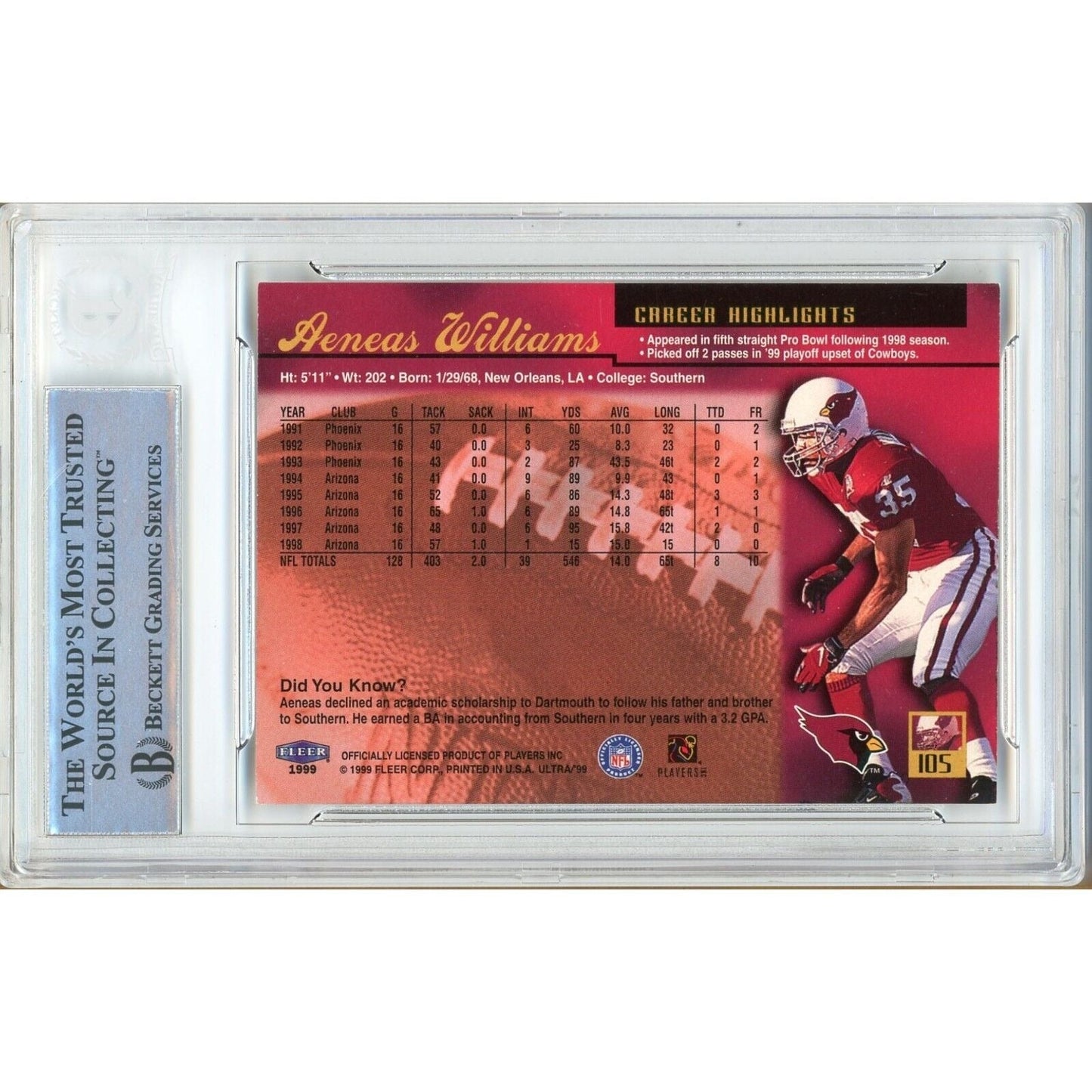 1999 Fleer Ultra #105 — Aeneas Williams Arizona Cardinals Autographed Trading Card — Beckett Authentication