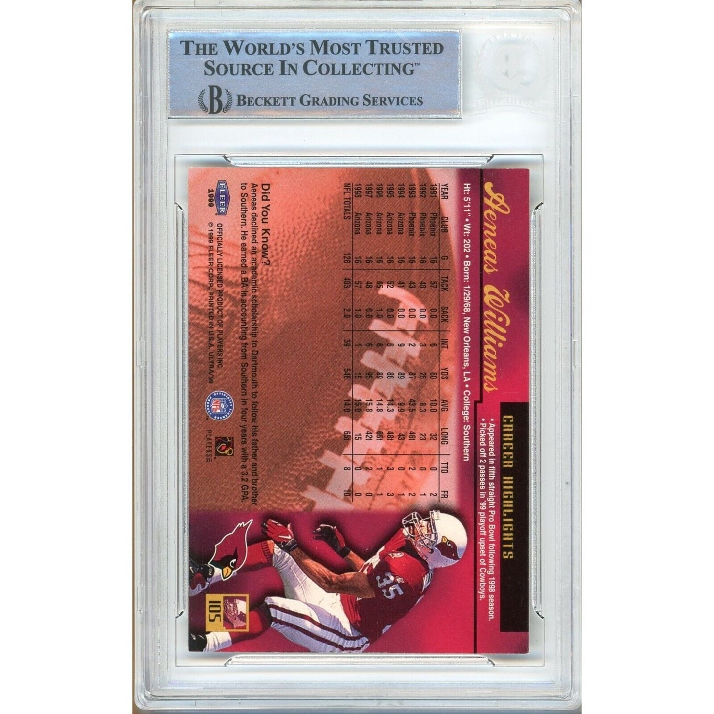 1999 Fleer Ultra #105 — Aeneas Williams Arizona Cardinals Autographed Trading Card — Beckett Authentication