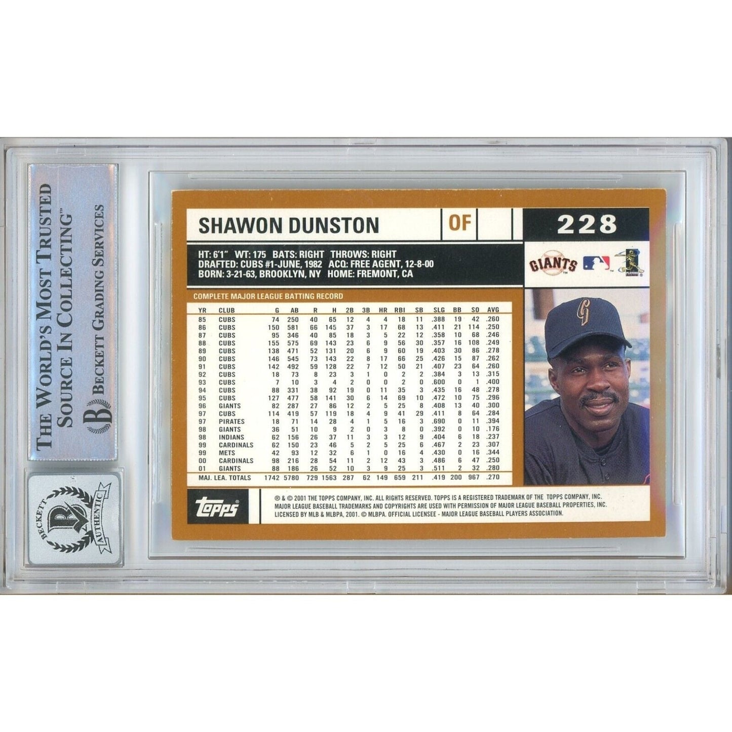 Shawon Dunston San Francisco Giants Signed 2002 Topps Card BGS Auto 10 Graded Slab
