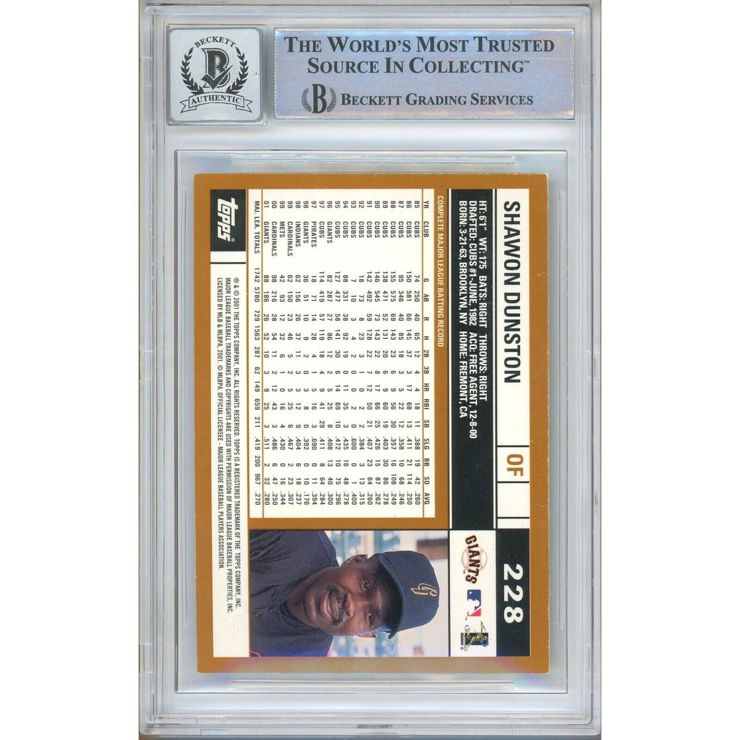 Shawon Dunston San Francisco Giants Signed 2002 Topps Card BGS Auto 10 Graded Slab