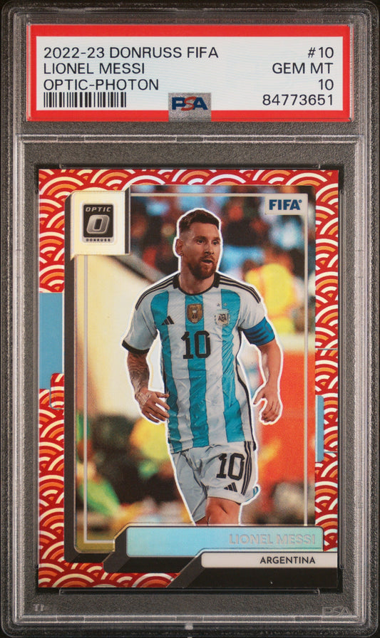 Graded 2022 Panini Donruss FIFA Lionel Messi #10 Optic Photon Soccer Card PSA 10 Gem Mint